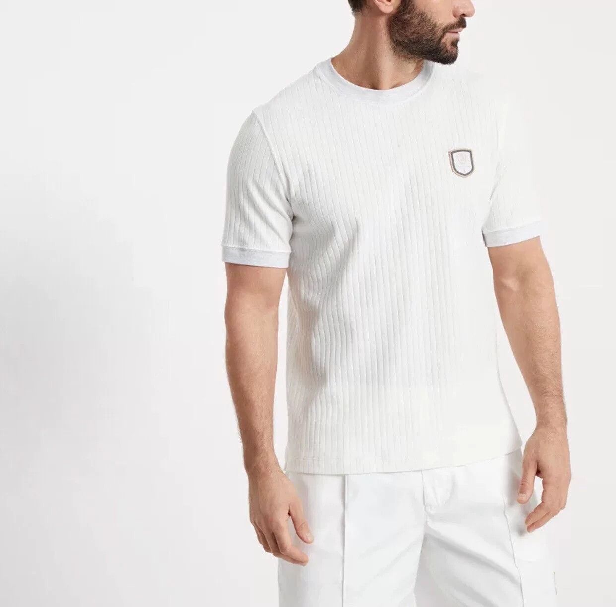 Brunello Cucinelli Brunello Cucinelli Men's White Badge Logo Ribbed Tee Size US M / EU 48-50 / 2 - 2 Thumbnail