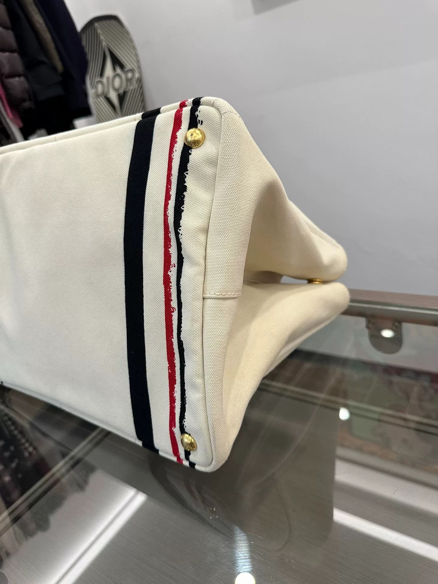 Prada Prada Side Triangle Logo White Striped Canvas Tote Size ONE SIZE - 7 Thumbnail
