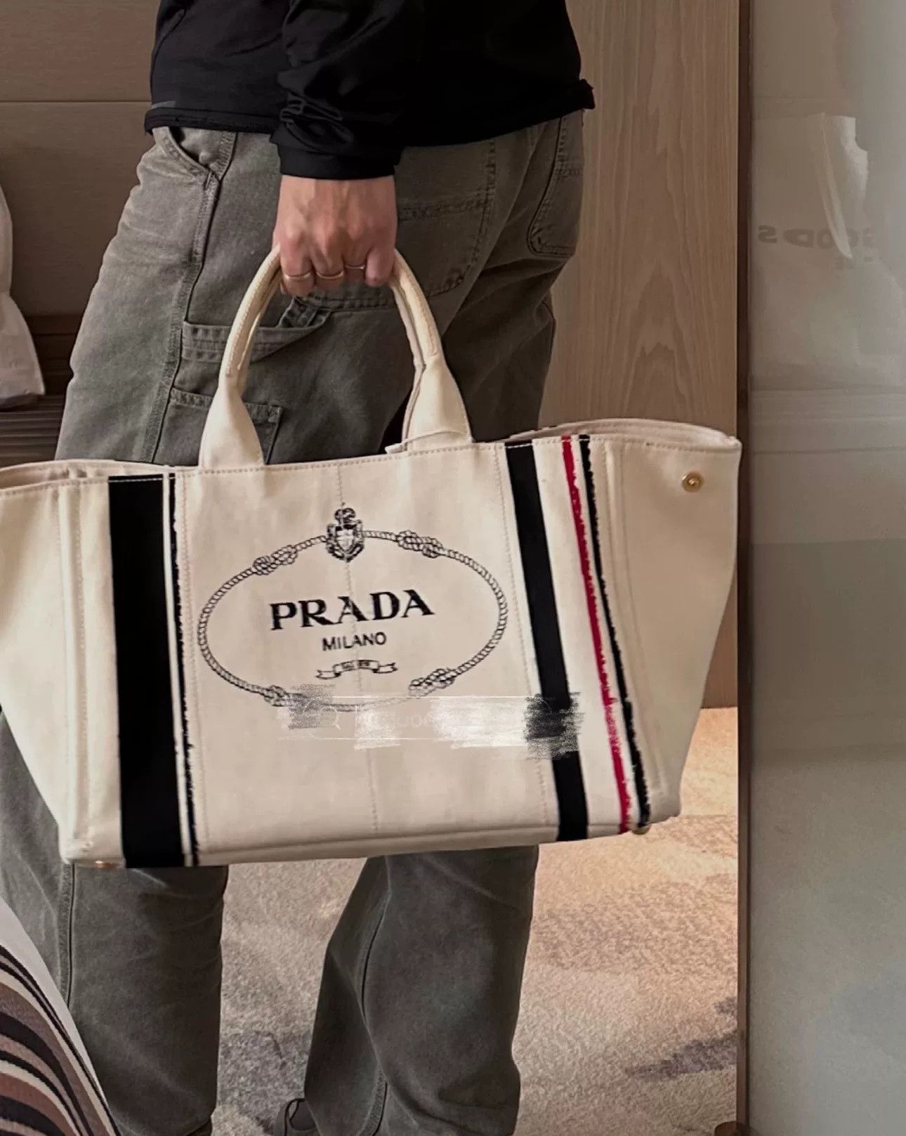 Prada Prada Side Triangle Logo White Striped Canvas Tote Size ONE SIZE - 2 Thumbnail