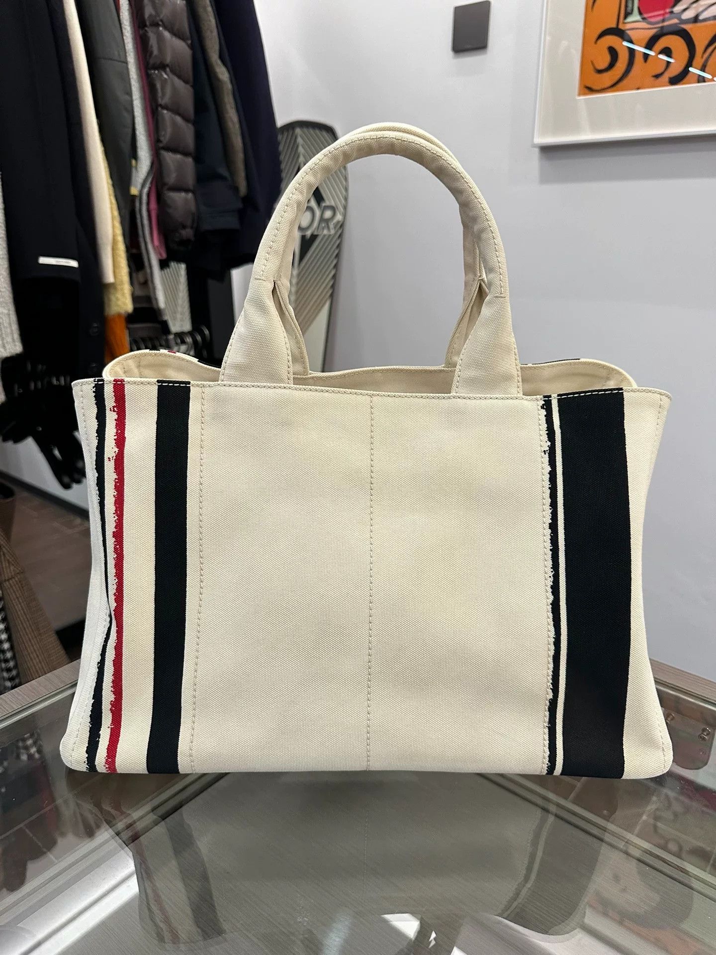 Prada Prada Side Triangle Logo White Striped Canvas Tote Size ONE SIZE - 3 Thumbnail