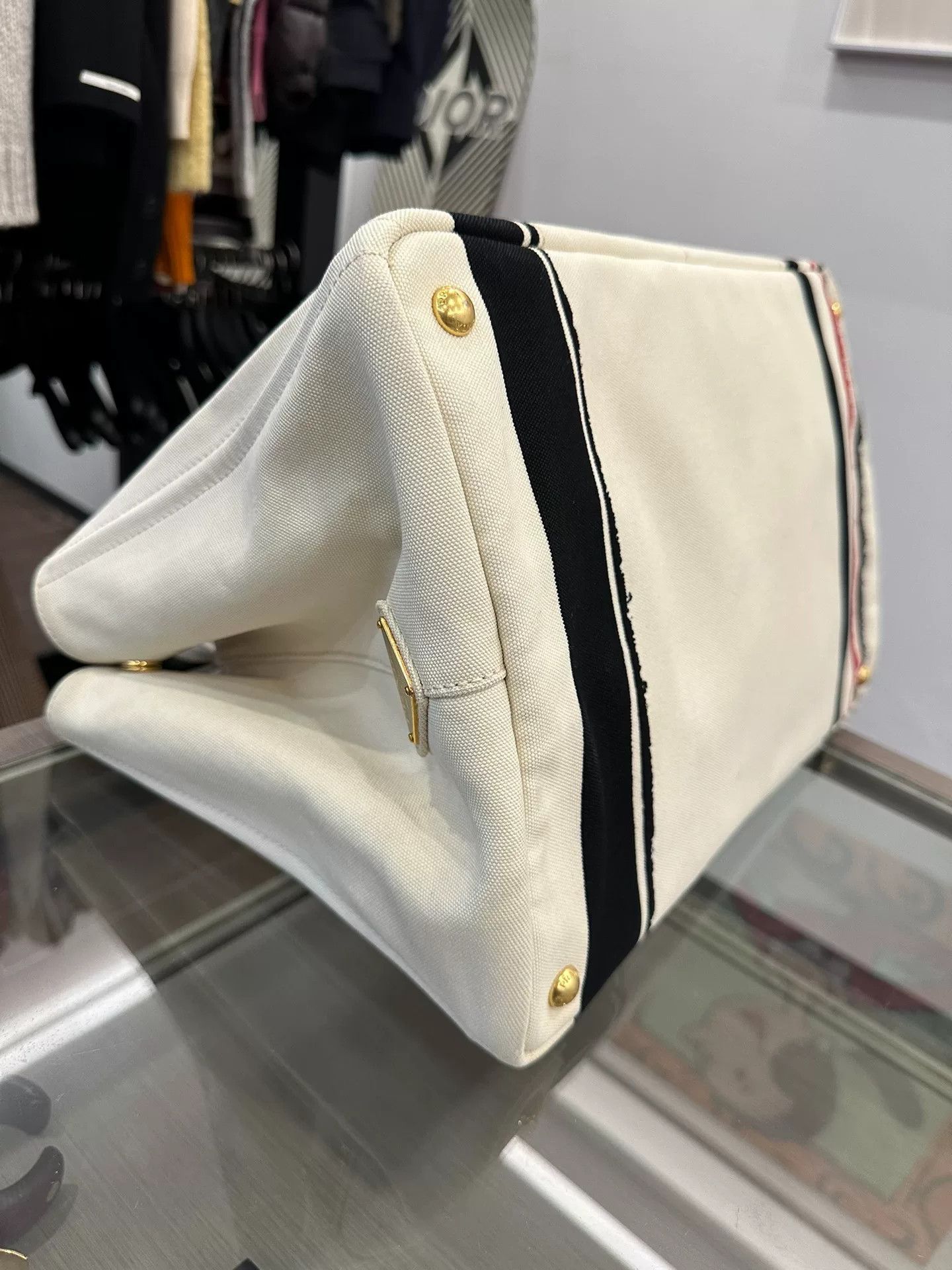 Prada Prada Side Triangle Logo White Striped Canvas Tote Size ONE SIZE - 6 Thumbnail