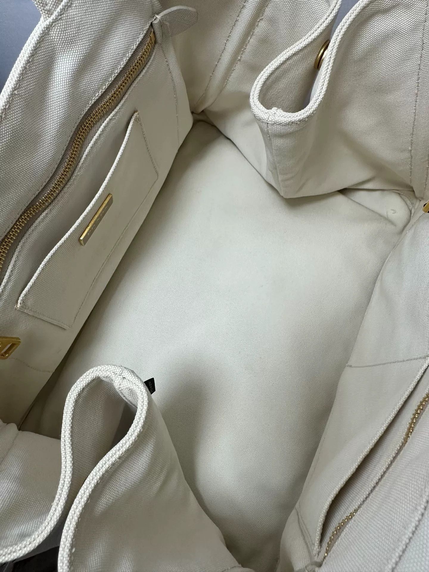 Prada Prada Side Triangle Logo White Striped Canvas Tote Size ONE SIZE - 8 Thumbnail