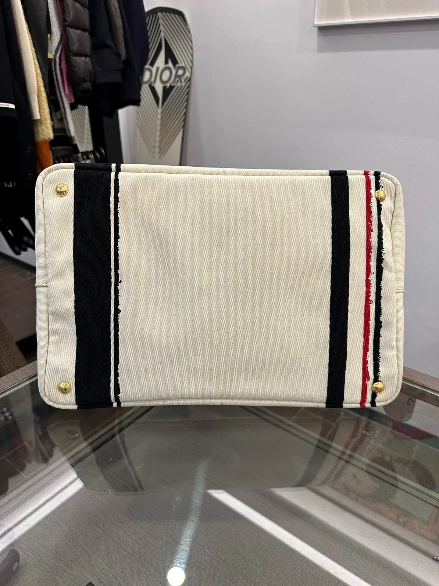 Prada Prada Side Triangle Logo White Striped Canvas Tote Size ONE SIZE - 5 Thumbnail