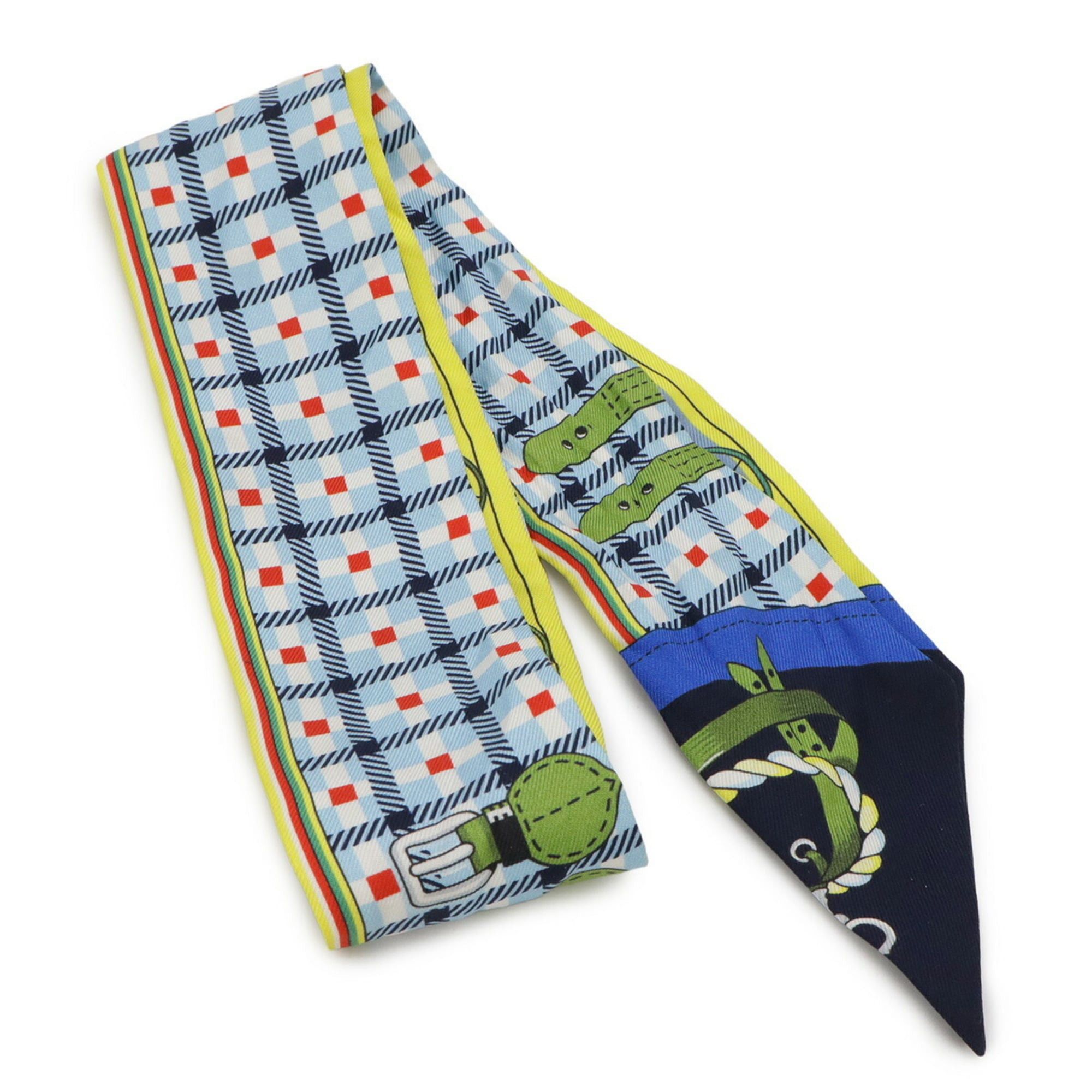 Hermes HERMES TWELL Twilly Scarf/Muffler/Handbag "Les Voitures Nouvelles" Horse-Drawn Carriage Evolution 100% Silk Blue Yellow Size ONE SIZE - 3 Thumbnail