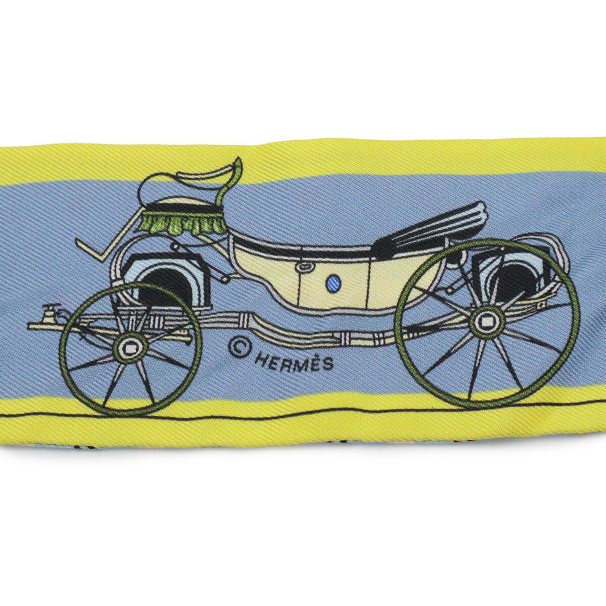 Hermes HERMES TWELL Twilly Scarf/Muffler/Handbag "Les Voitures Nouvelles" Horse-Drawn Carriage Evolution 100% Silk Blue Yellow Size ONE SIZE - 6 Thumbnail