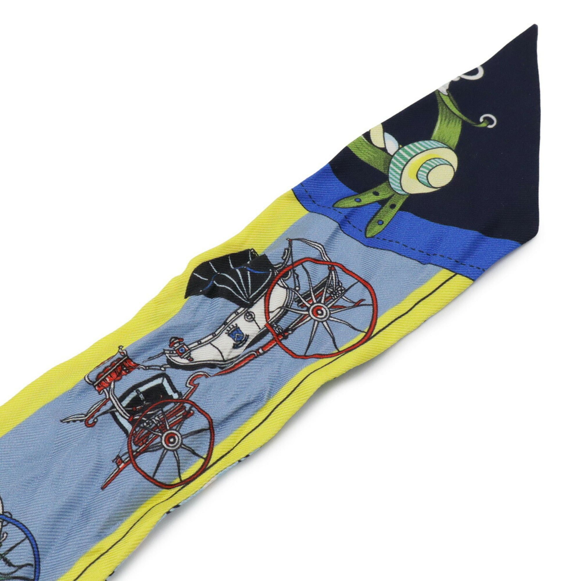 Hermes HERMES TWELL Twilly Scarf/Muffler/Handbag "Les Voitures Nouvelles" Horse-Drawn Carriage Evolution 100% Silk Blue Yellow Size ONE SIZE - 4 Thumbnail