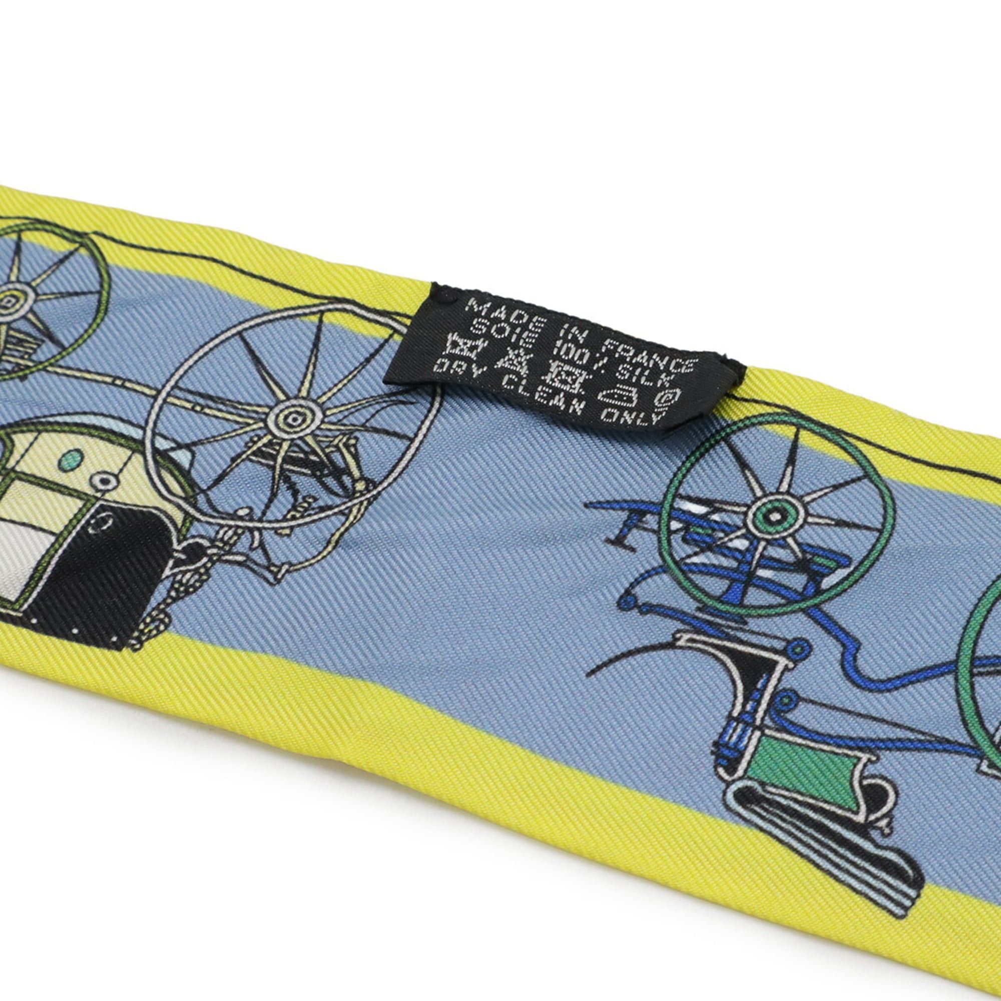 Hermes HERMES TWELL Twilly Scarf/Muffler/Handbag "Les Voitures Nouvelles" Horse-Drawn Carriage Evolution 100% Silk Blue Yellow Size ONE SIZE - 7 Thumbnail
