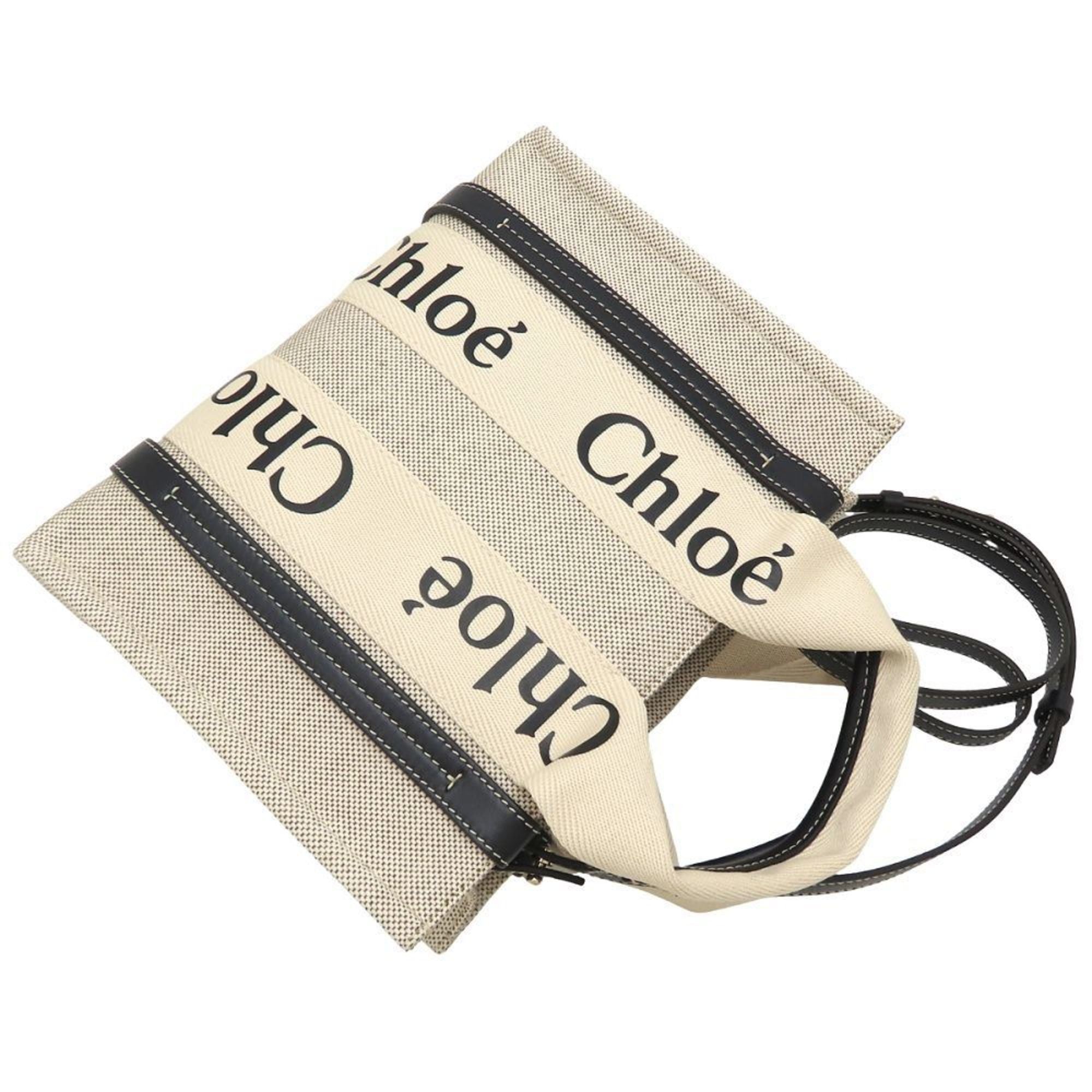 Chloe Chloé Chloe Woody Small Tote (CHC22AS397I26) Handbag in Linen and Calfskin, White Blue, Women's, 353119 Size ONE SIZE - 5 Thumbnail