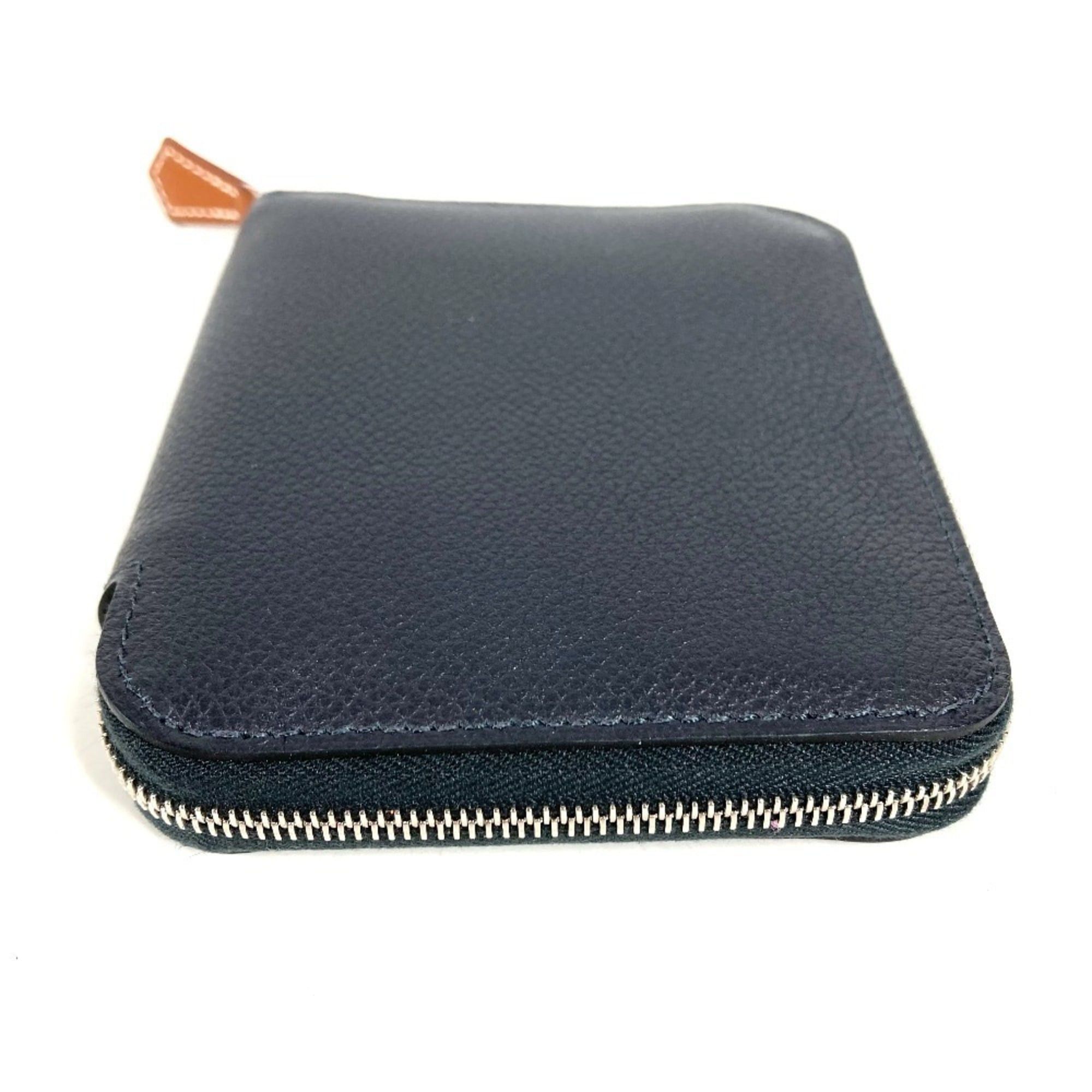 Hermes HERMES Azap Silkin Compact Business Card Case, Pass Coin Purse, Wallet, Leather, Round Zipper, Bifold Navy Blue, Like New, Men's/Women's Size ONE SIZE - 4 Thumbnail