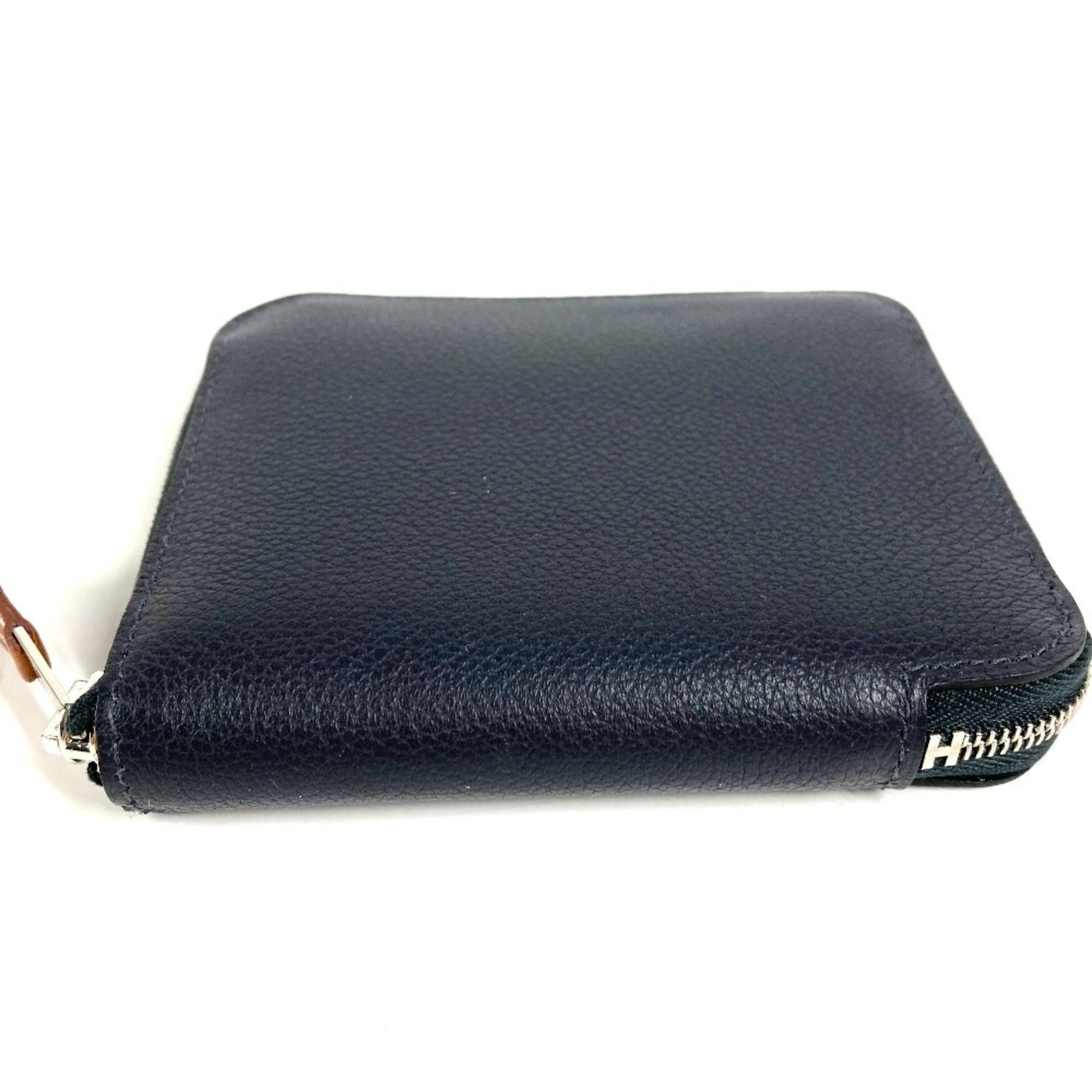 Hermes HERMES Azap Silkin Compact Business Card Case, Pass Coin Purse, Wallet, Leather, Round Zipper, Bifold Navy Blue, Like New, Men's/Women's Size ONE SIZE - 3 Thumbnail