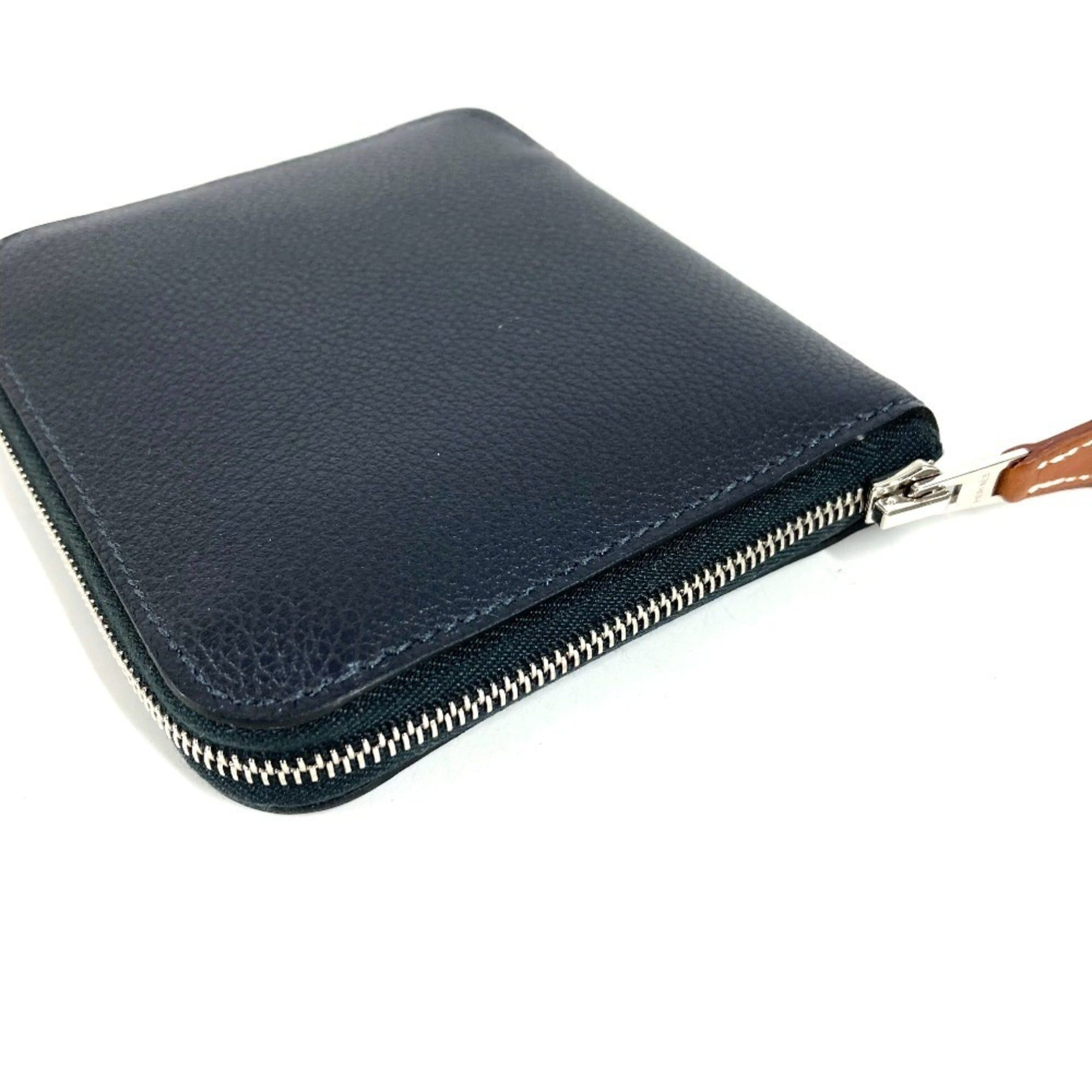 Hermes HERMES Azap Silkin Compact Business Card Case, Pass Coin Purse, Wallet, Leather, Round Zipper, Bifold Navy Blue, Like New, Men's/Women's Size ONE SIZE - 6 Thumbnail