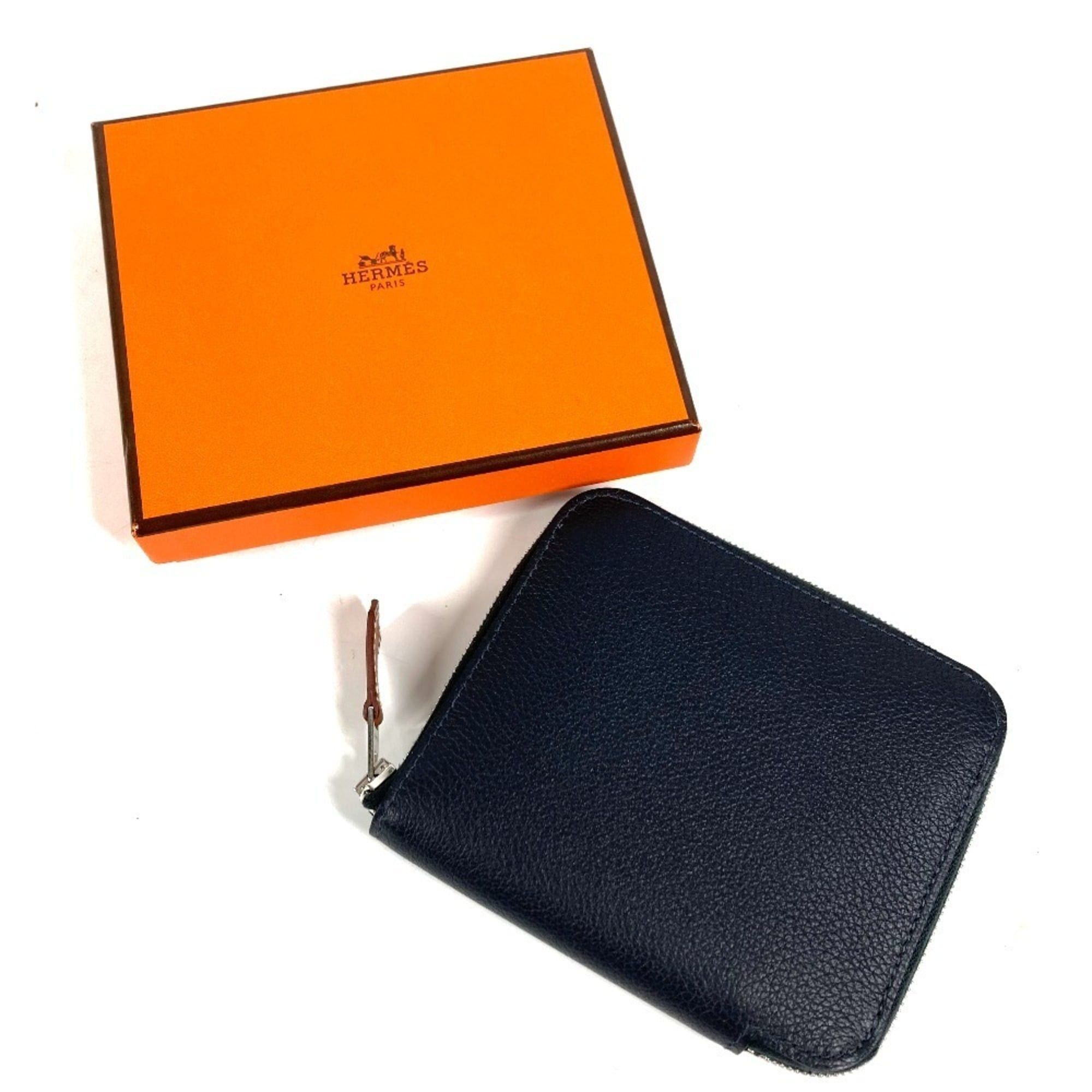 Hermes HERMES Azap Silkin Compact Business Card Case, Pass Coin Purse, Wallet, Leather, Round Zipper, Bifold Navy Blue, Like New, Men's/Women's Size ONE SIZE - 13 Thumbnail