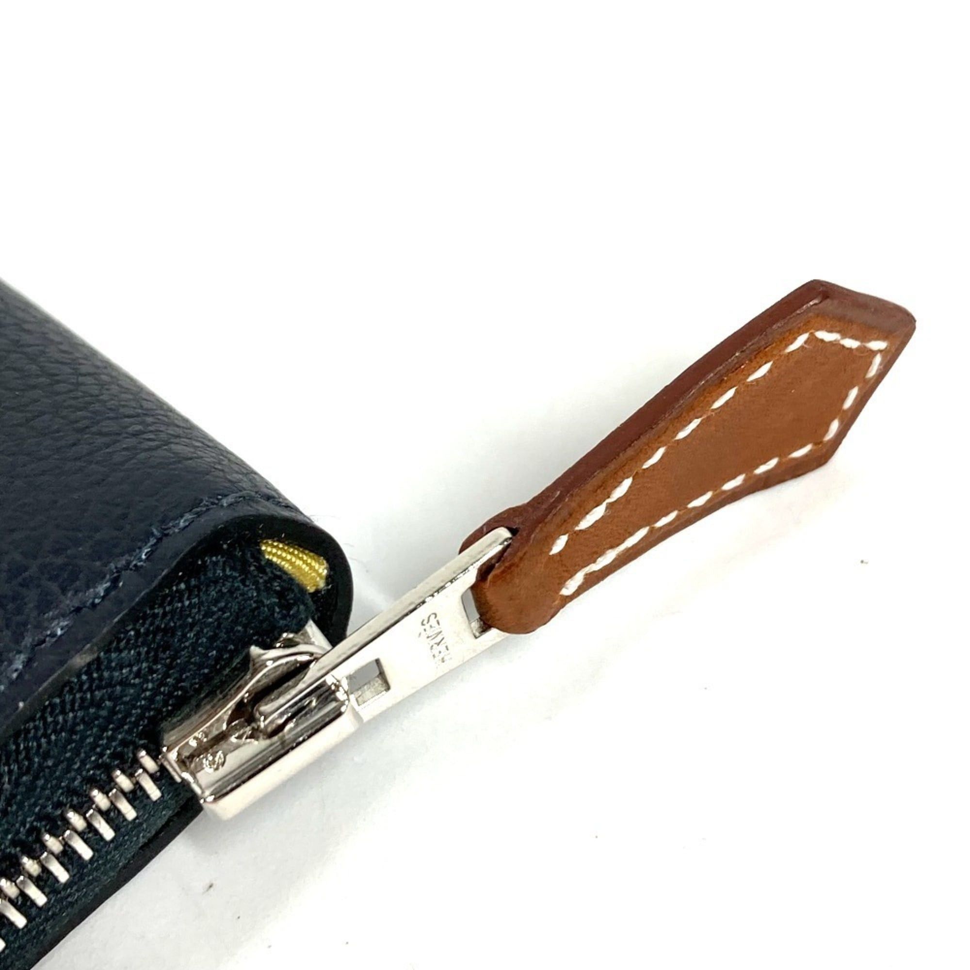 Hermes HERMES Azap Silkin Compact Business Card Case, Pass Coin Purse, Wallet, Leather, Round Zipper, Bifold Navy Blue, Like New, Men's/Women's Size ONE SIZE - 7 Thumbnail