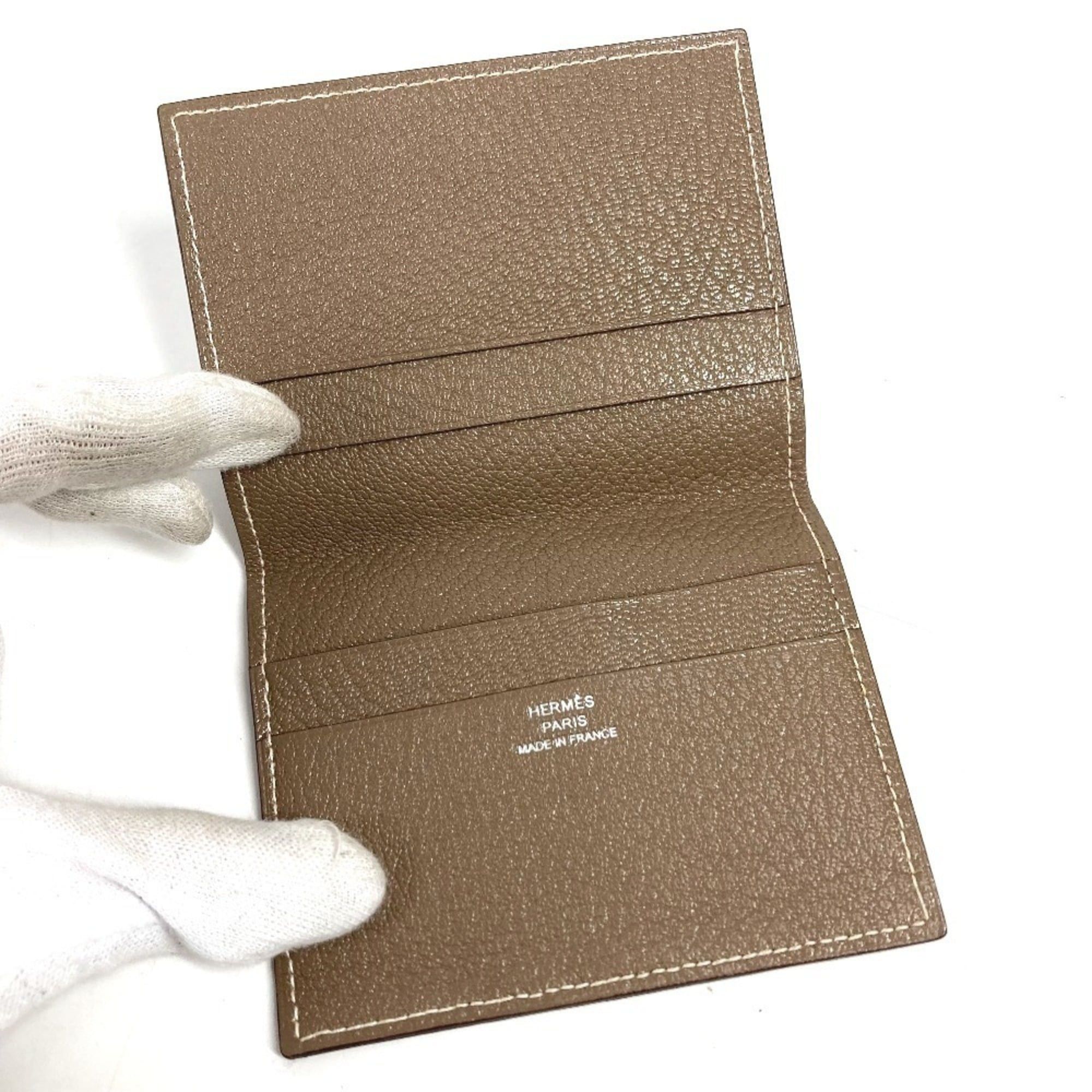 Hermes HERMES Evelyne logo punched bifold business card holder/pass case, leather, men's and women's, beige, Etoupe Size ONE SIZE - 9 Thumbnail