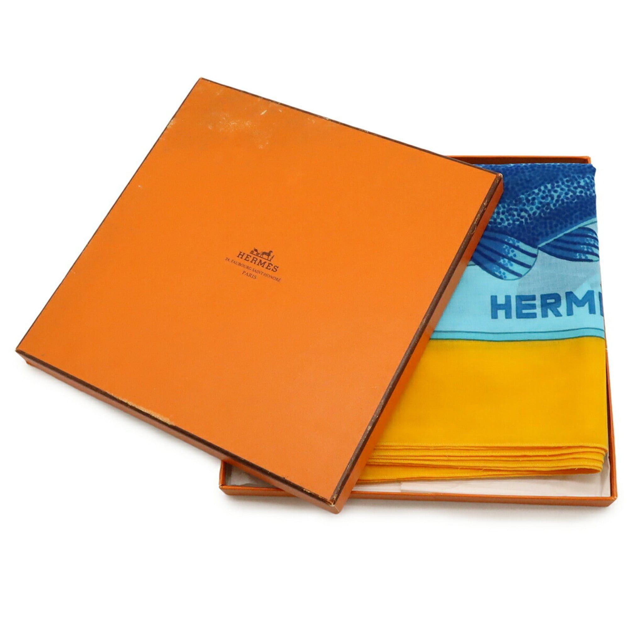 Hermes HERMES Large Stole, Scarf, Muffler, Shawl, Pareo, Fish Motif, 100% Cotton, Blue, Yellow Size ONE SIZE - 7 Thumbnail