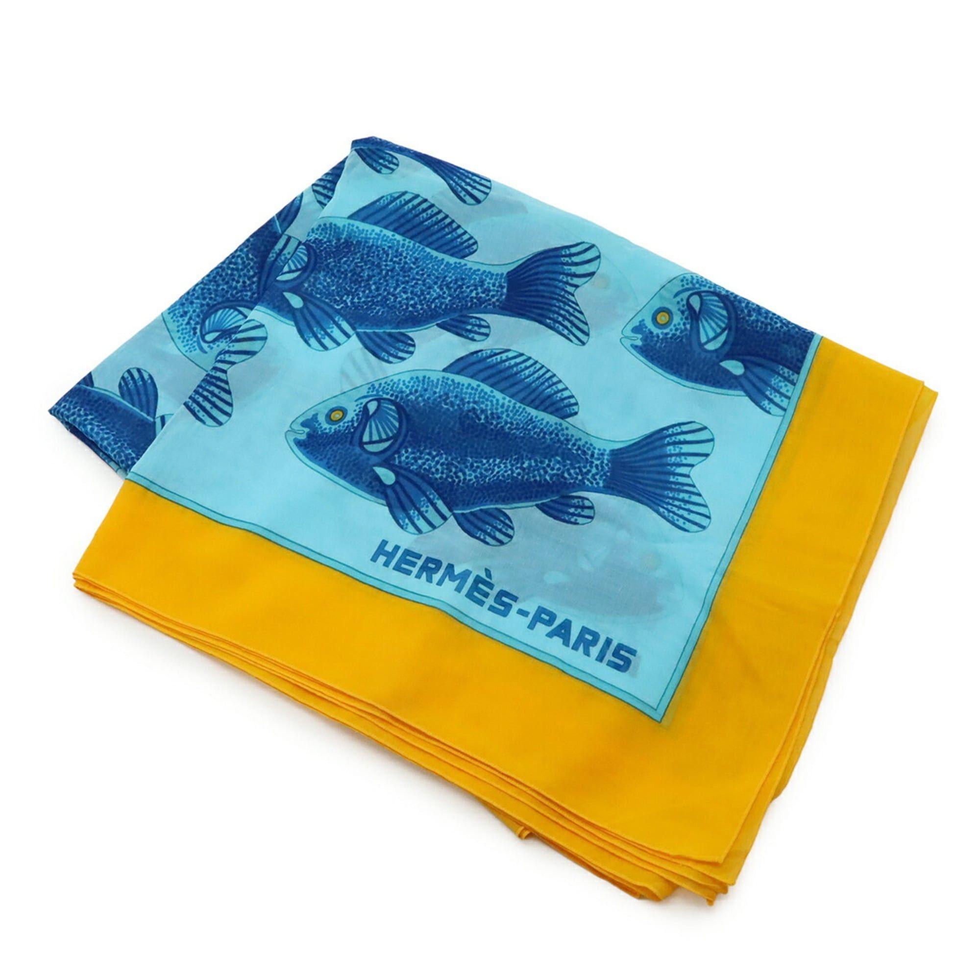 Hermes HERMES Large Stole, Scarf, Muffler, Shawl, Pareo, Fish Motif, 100% Cotton, Blue, Yellow Size ONE SIZE - 3 Thumbnail