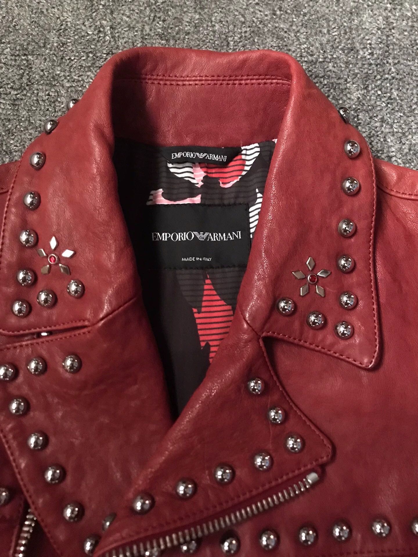 Emporio Armani Red Studded Leather Biker Jacket Size US M / EU 48-50 / 2 - 4 Thumbnail