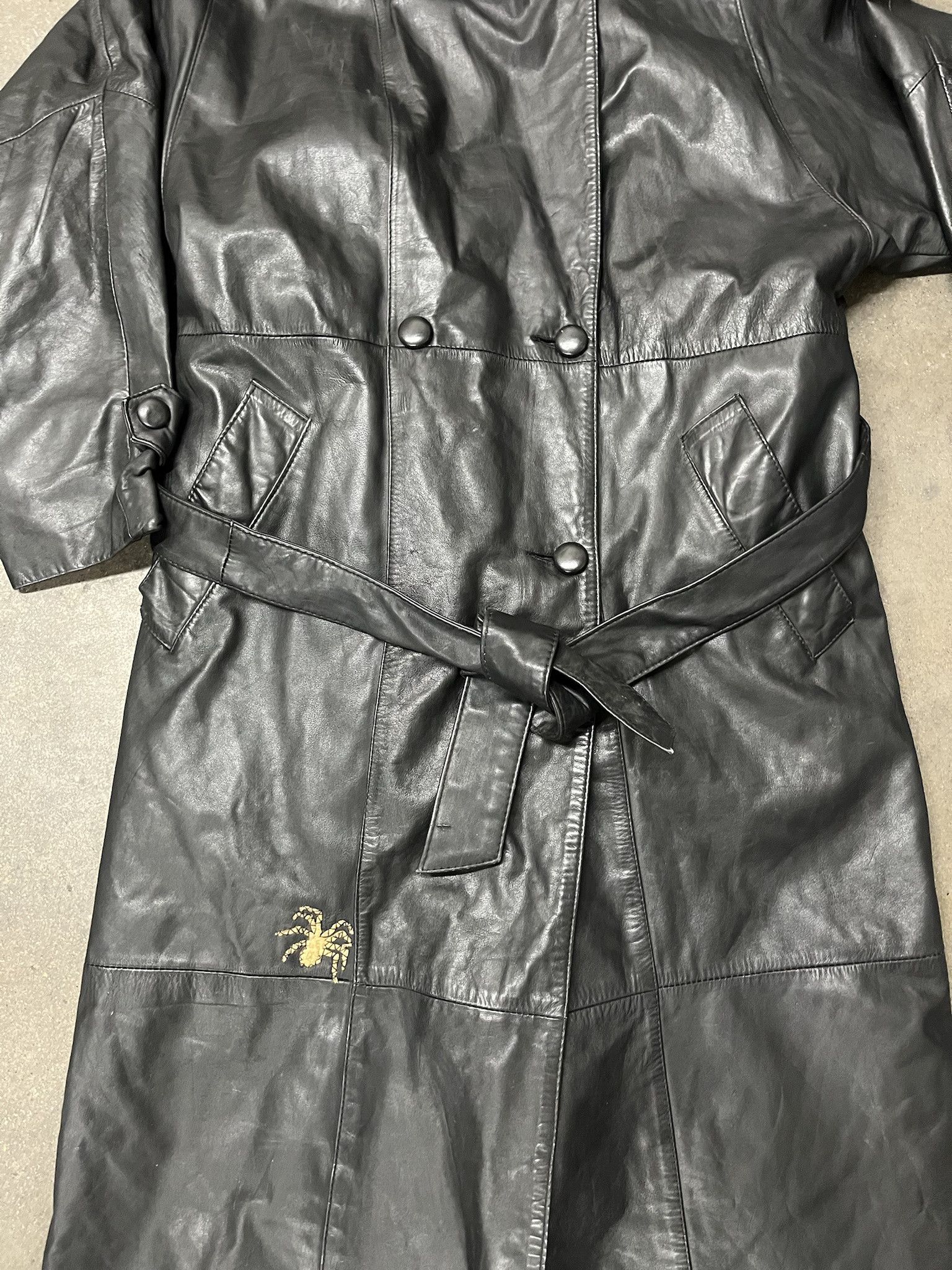 Leather × Vintage Vintage 1990s Pelle Studios Goth Spider Embroider Leather Trench Jacket Size S Size US S / EU 44-46 / 1 - 3 Thumbnail