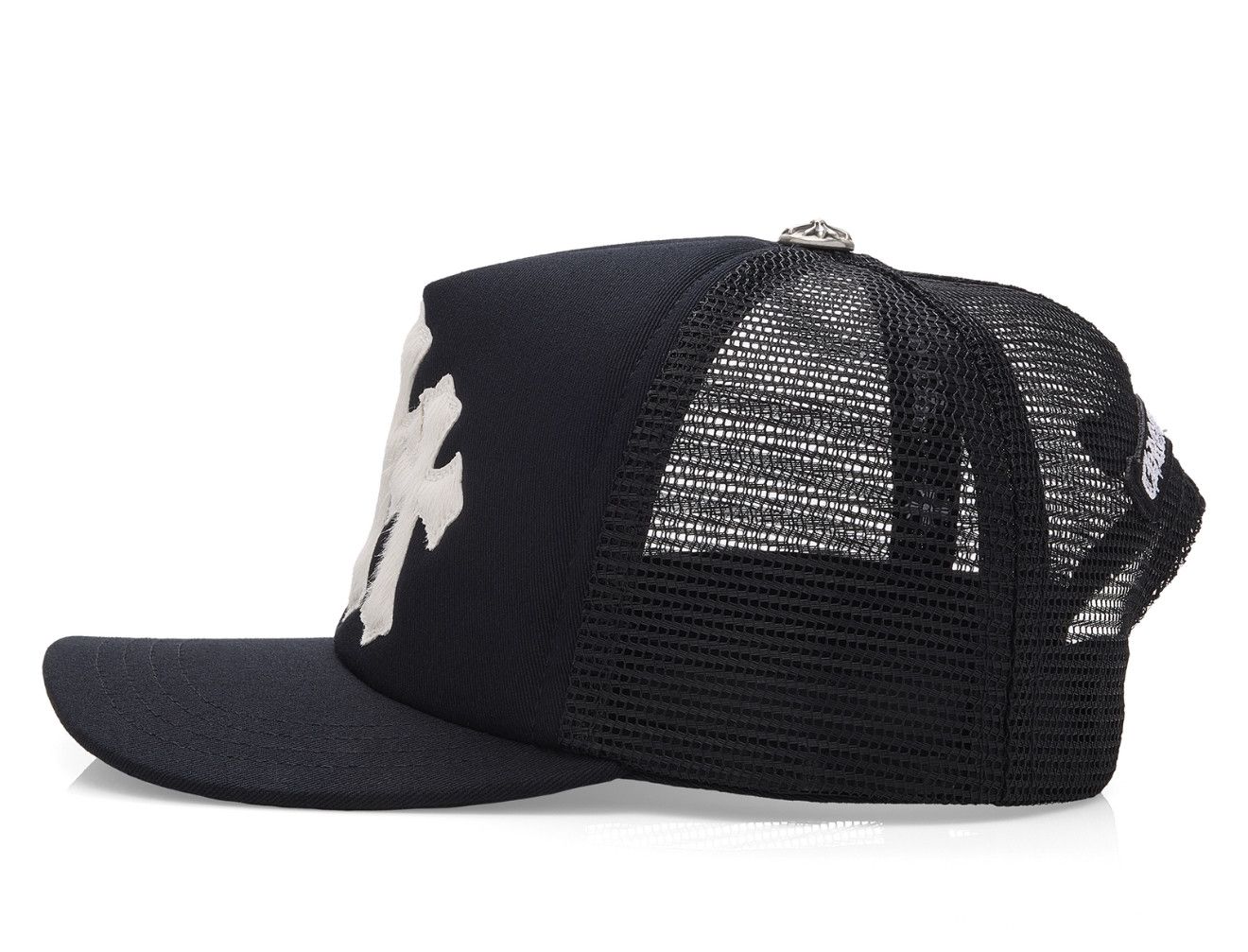 Cemetery Pony Hair Cross Patch Trucker Hat Black White