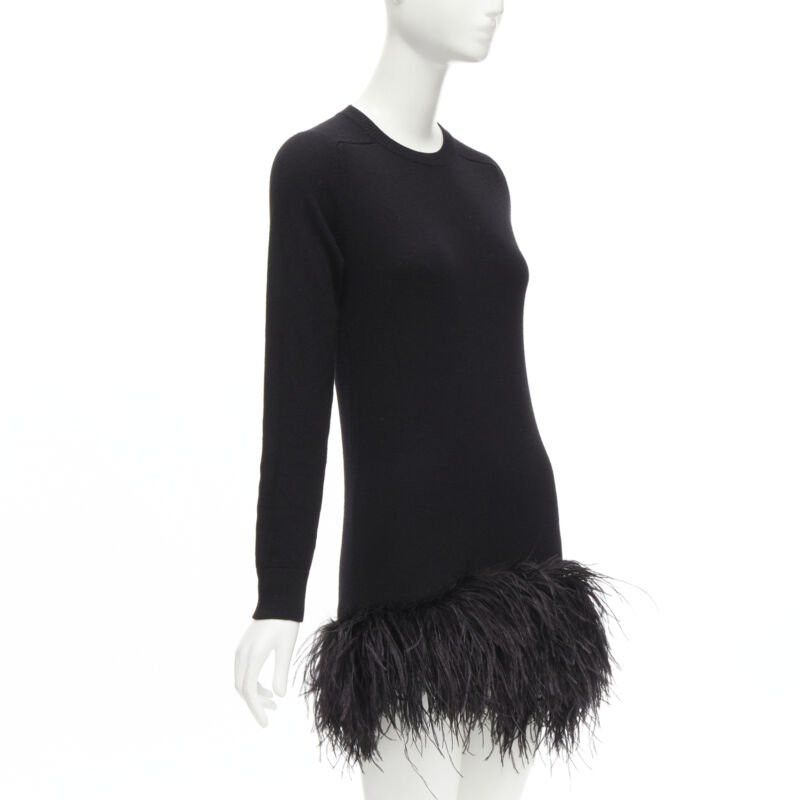 Saint Laurent Paris SAINT LAURENT 100% cashmere black ostrich feather trim mini sweater dress XS Size S / US 4 / IT 40 - 3 Thumbnail