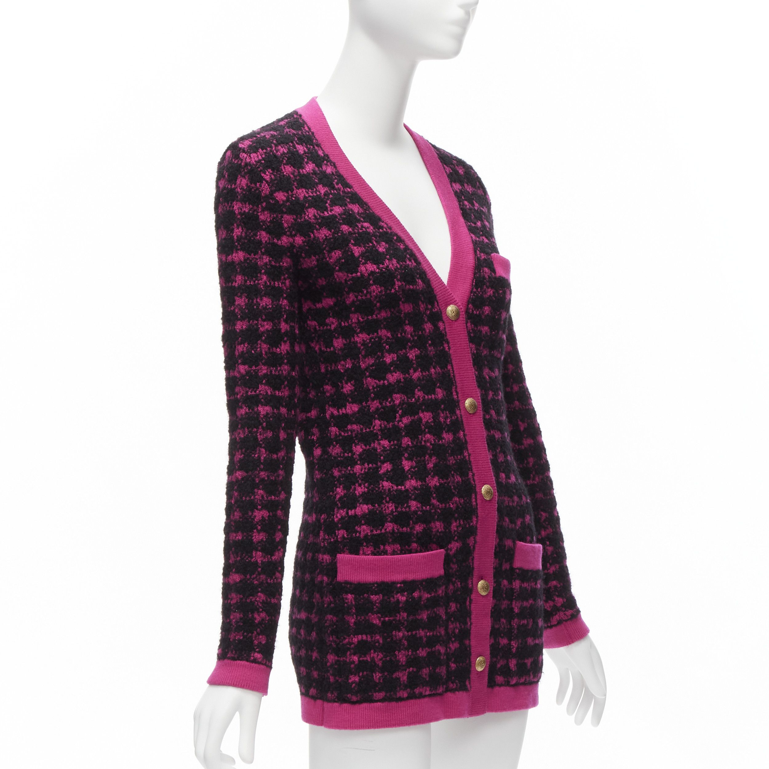 Saint Laurent Paris SAINT LAURENT 2021 black pink houndstooth wool alpaca preppy cardigan jacket XS Size S / US 4 / IT 40 - 4 Thumbnail