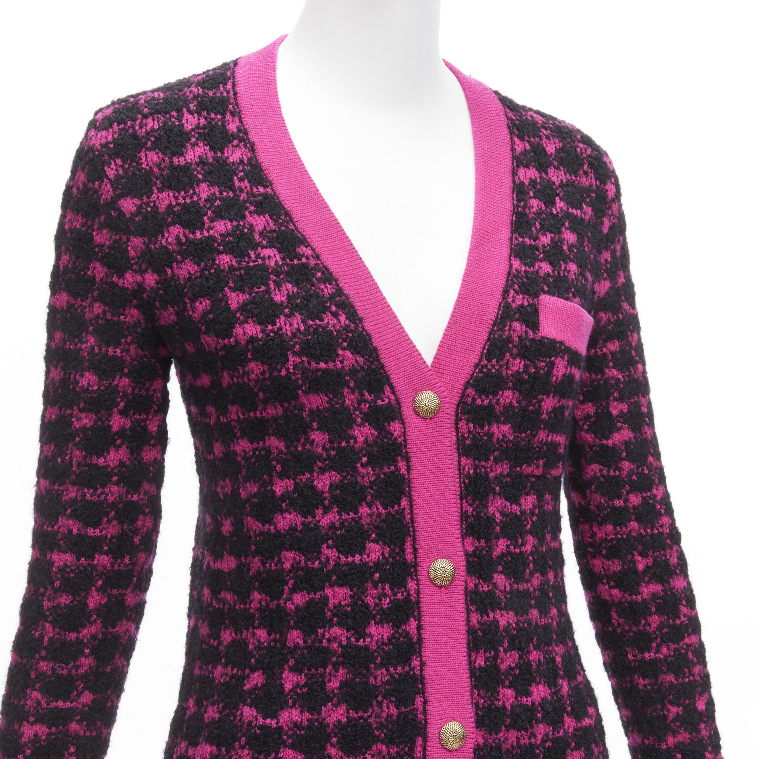 Saint Laurent Paris SAINT LAURENT 2021 black pink houndstooth wool alpaca preppy cardigan jacket XS Size S / US 4 / IT 40 - 2 Thumbnail