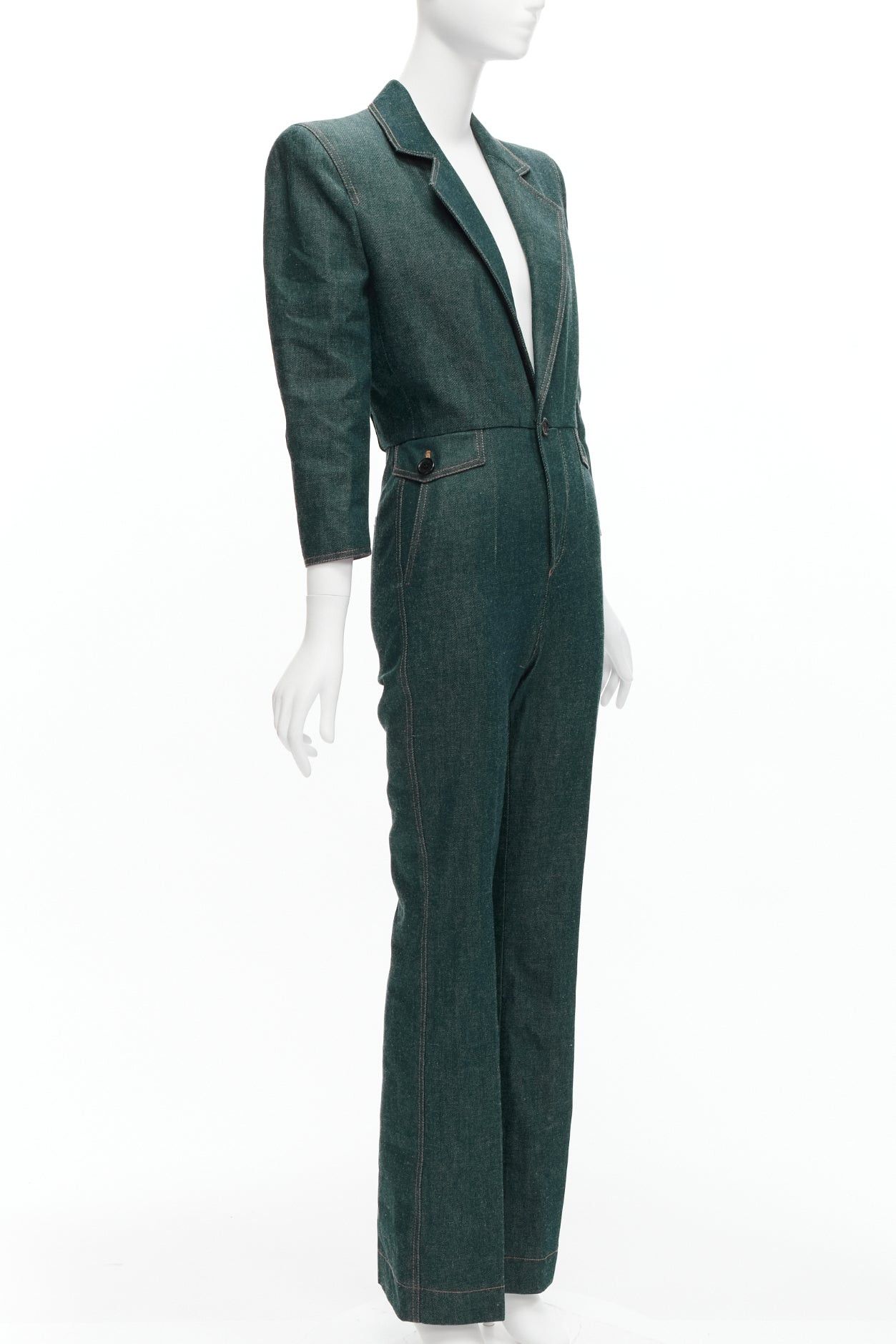 Saint Laurent Paris SAINT LAURENT 2022 Runway Look 39 blue denim pocketed power shoulder jumpsuit FR34 XS Size 26" / US 2 / IT 38 - 3 Thumbnail
