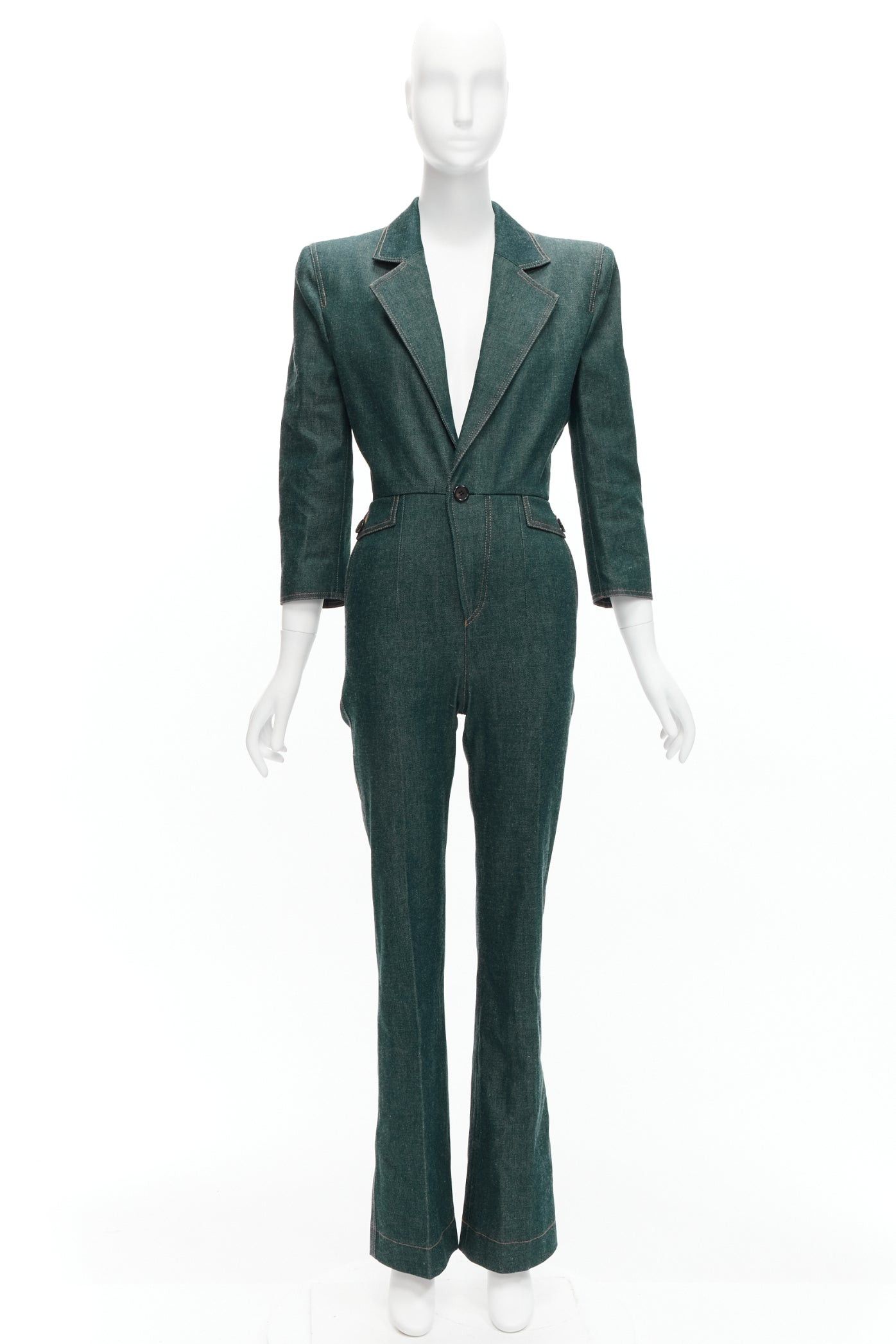 Saint Laurent Paris SAINT LAURENT 2022 Runway Look 39 blue denim pocketed power shoulder jumpsuit FR34 XS Size 26" / US 2 / IT 38 - 9 Thumbnail