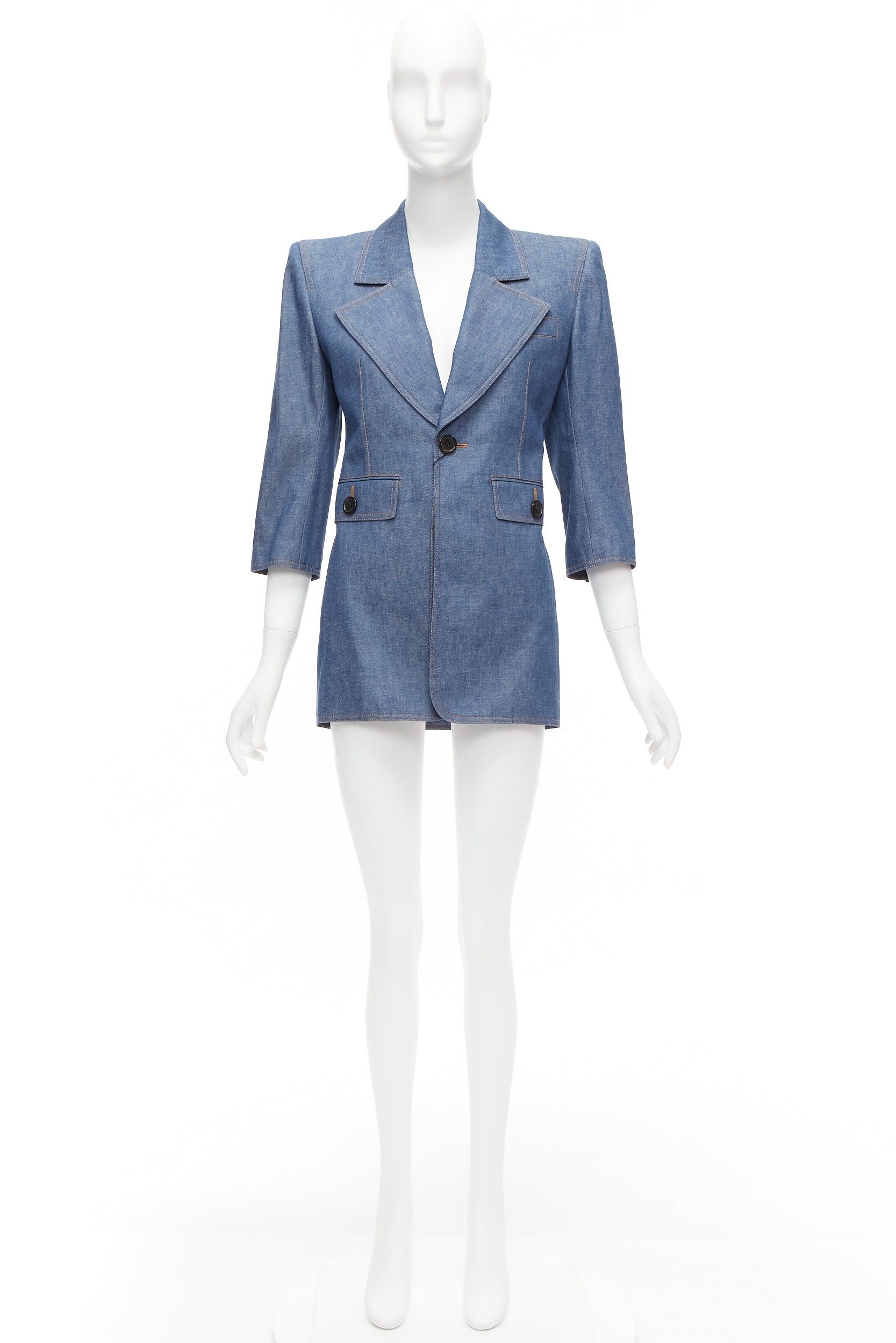 Saint Laurent Paris SAINT LAURENT 2022 Runway blue denim Power shoulder blazer mini dress FR34 Size XS / US 0-2 / IT 36-38 - 9 Thumbnail