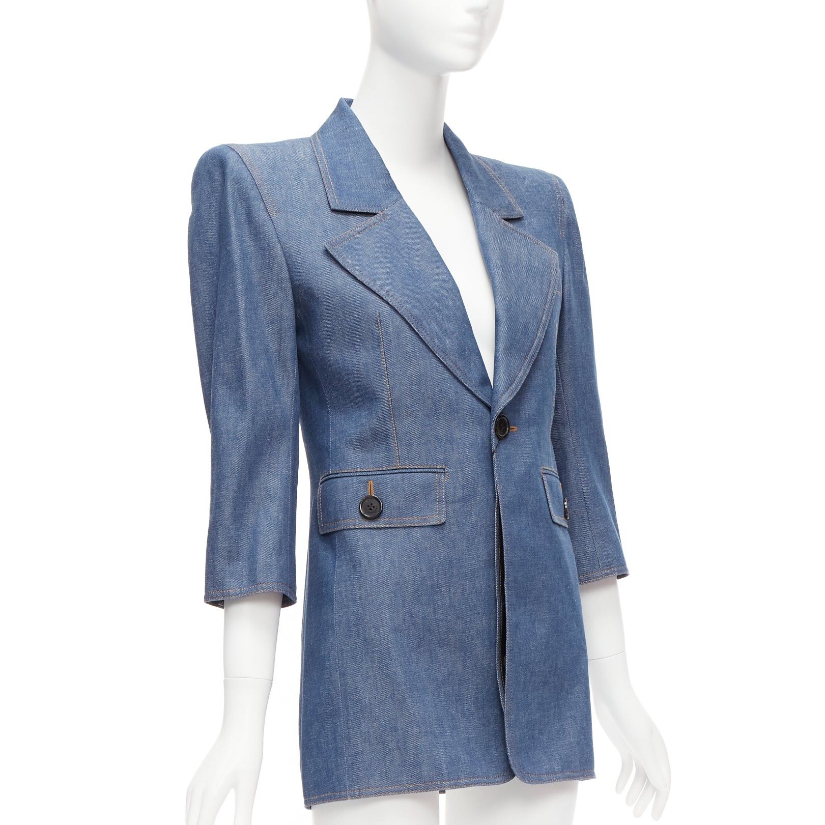 Saint Laurent Paris SAINT LAURENT 2022 Runway blue denim Power shoulder blazer mini dress FR34 Size XS / US 0-2 / IT 36-38 - 3 Thumbnail