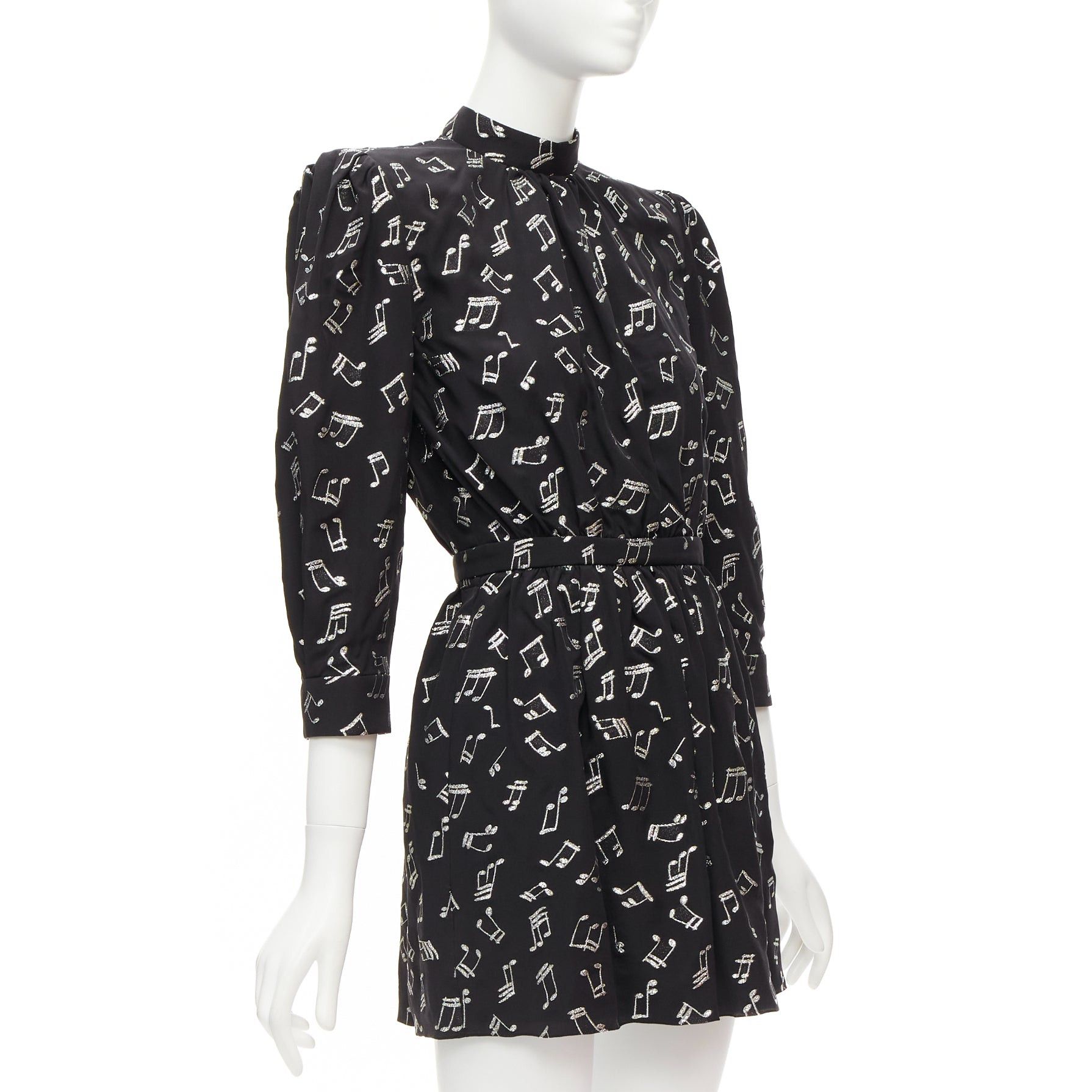 Saint Laurent Paris SAINT LAURENT 2019 Musical Note silver embroidered puff sleeve mini dress FR34 Size XS / US 0-2 / IT 36-38 - 3 Thumbnail