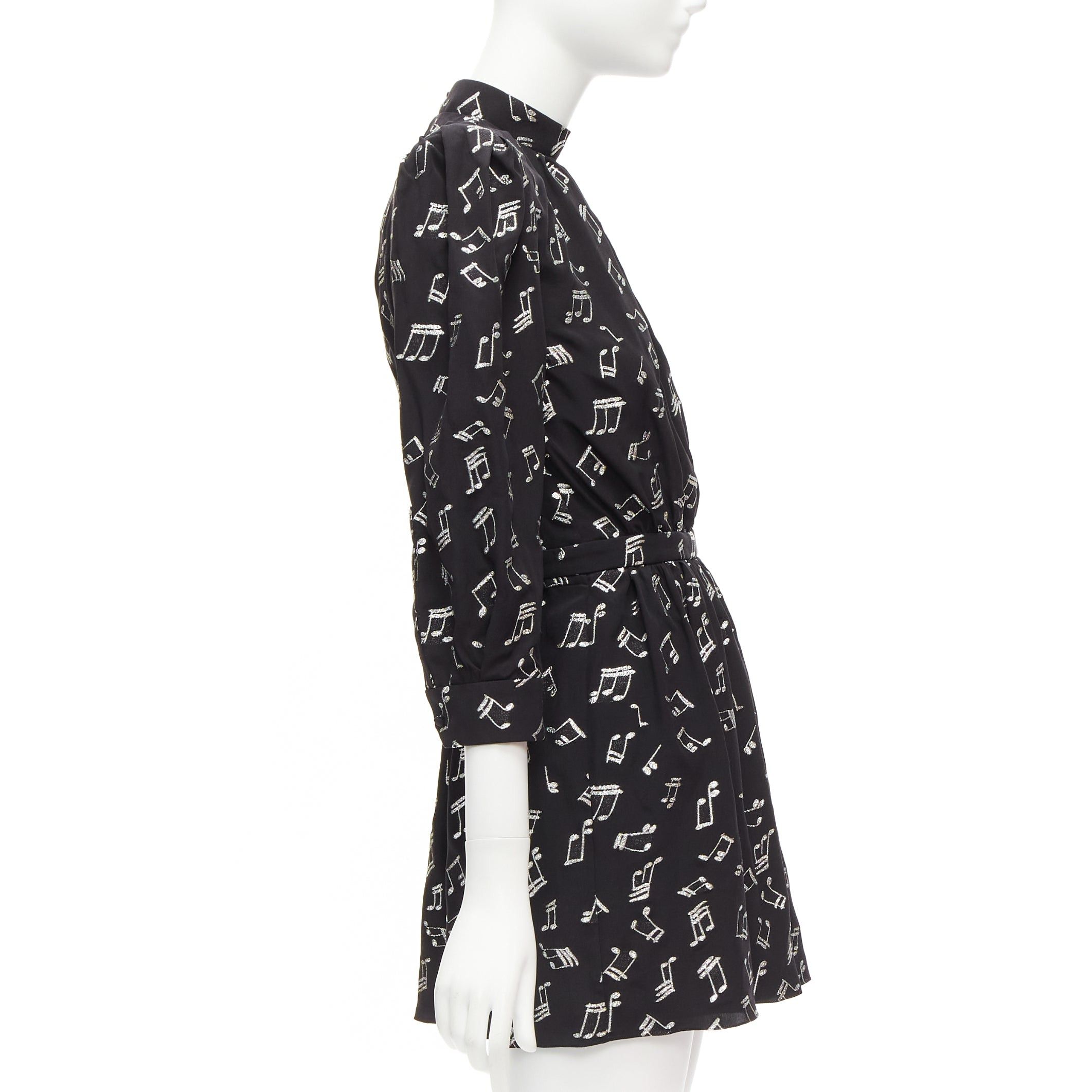 Saint Laurent Paris SAINT LAURENT 2019 Musical Note silver embroidered puff sleeve mini dress FR34 Size XS / US 0-2 / IT 36-38 - 4 Thumbnail