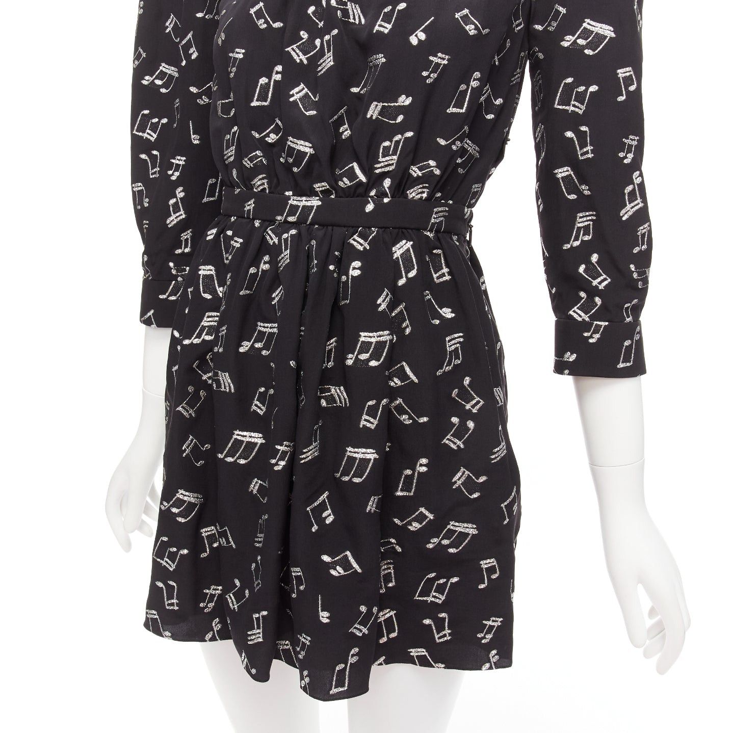 Saint Laurent Paris SAINT LAURENT 2019 Musical Note silver embroidered puff sleeve mini dress FR34 Size XS / US 0-2 / IT 36-38 - 7 Thumbnail
