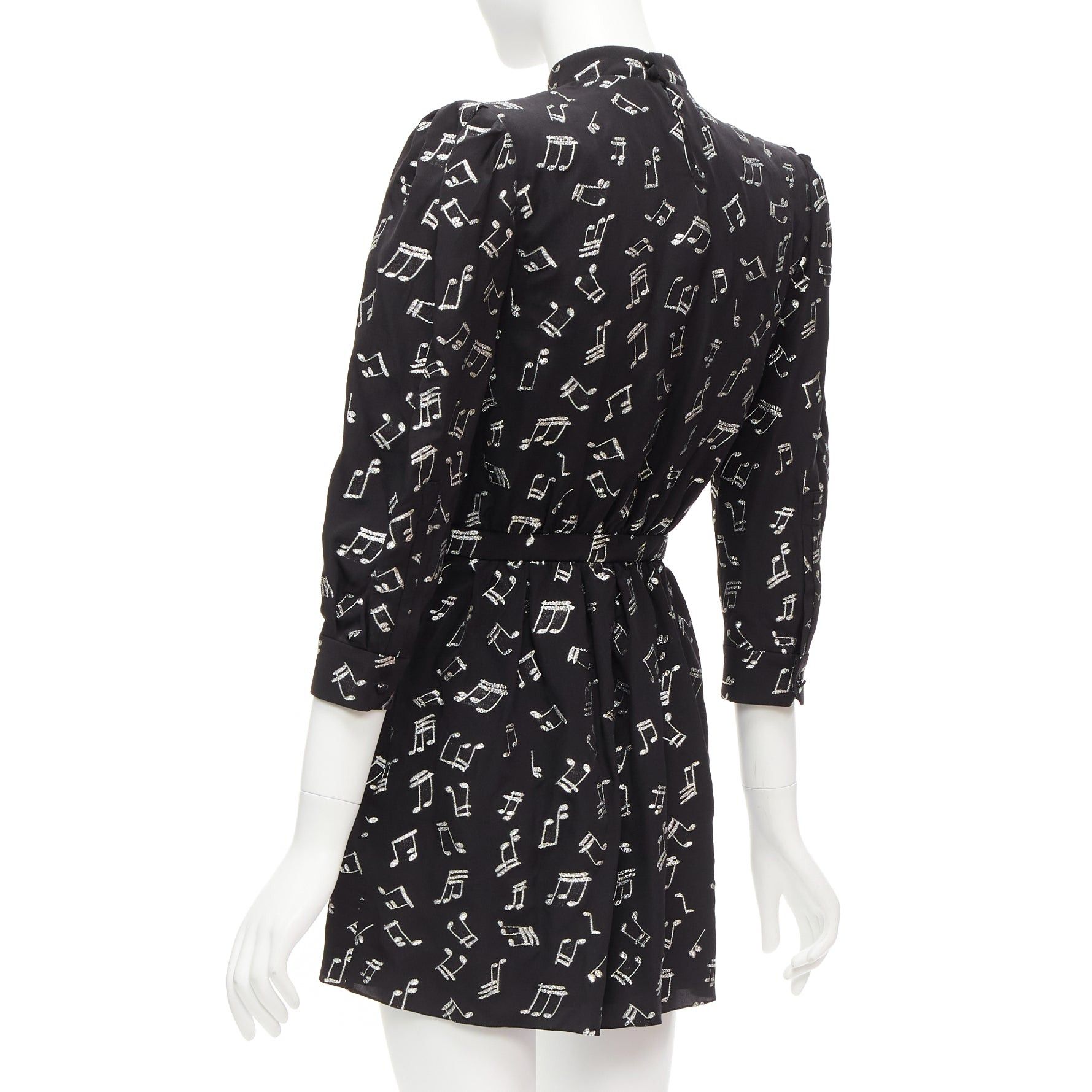 Saint Laurent Paris SAINT LAURENT 2019 Musical Note silver embroidered puff sleeve mini dress FR34 Size XS / US 0-2 / IT 36-38 - 6 Thumbnail