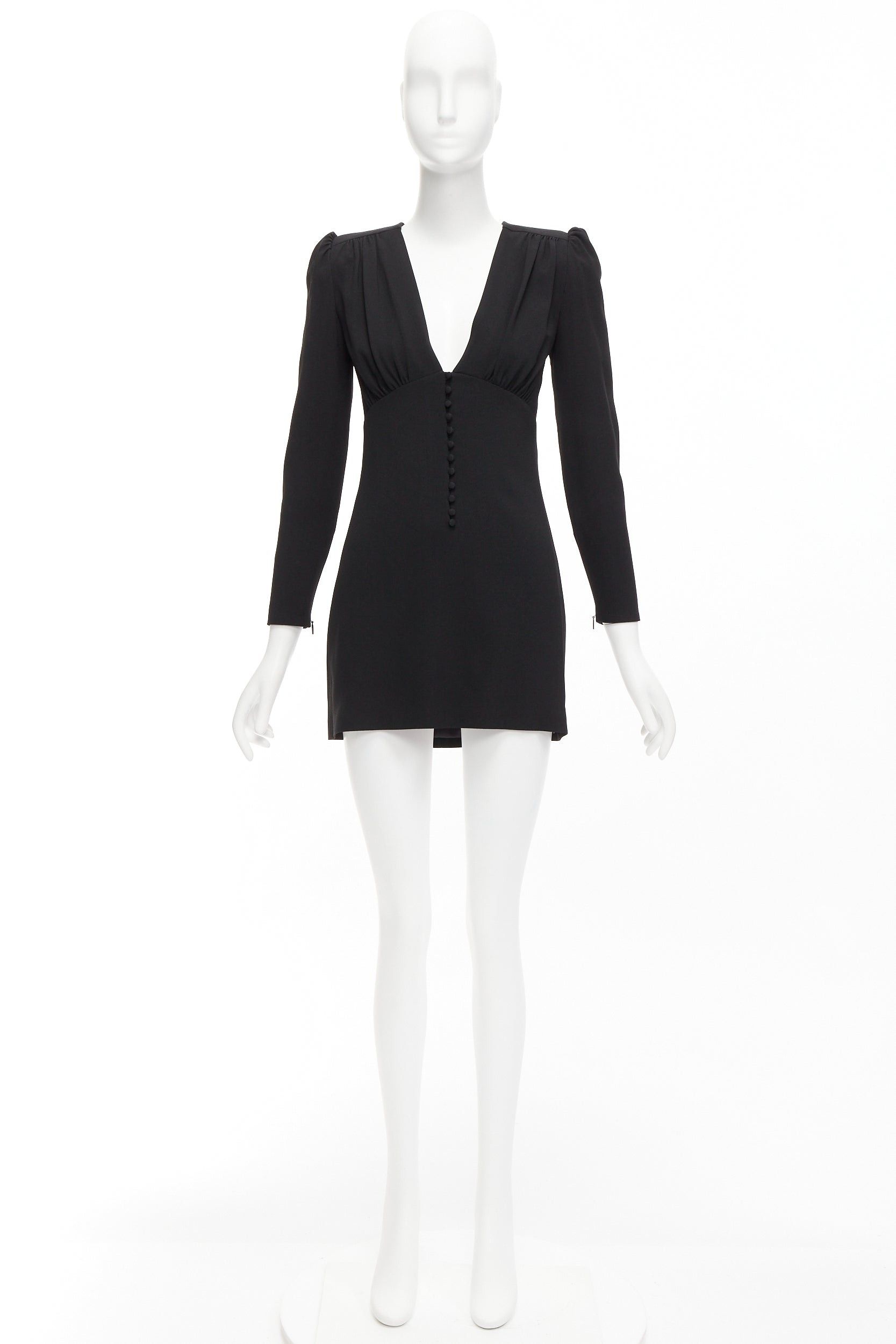 Saint Laurent Paris SAINT LAURENT 2022 black deep V neck wrapped buttons mini dress FR34 XS Size XS / US 0-2 / IT 36-38 - 9 Thumbnail