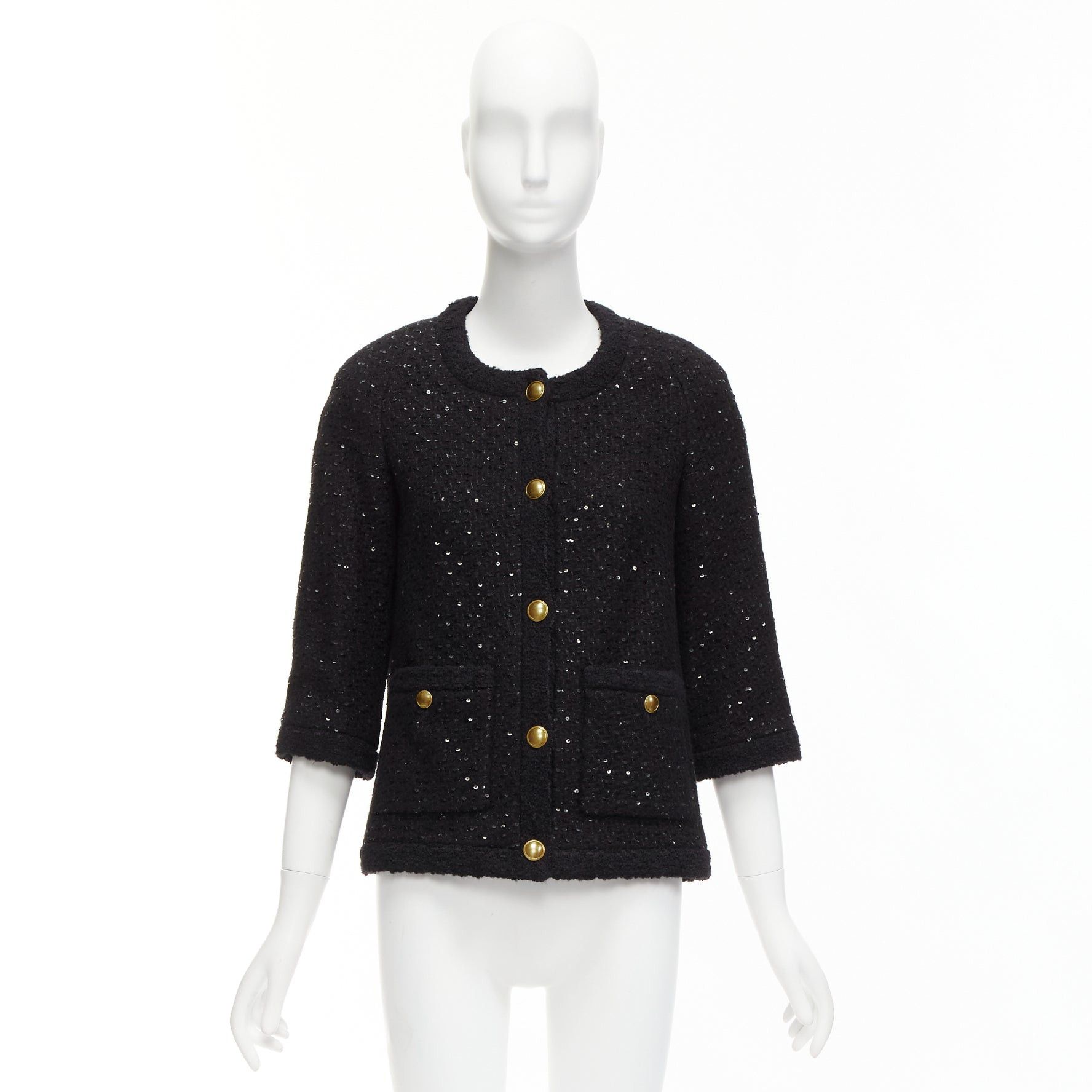 Saint Laurent Paris SAINT LAURENT 2021 black wool sequinned tweed gold button jacket FR34 XS Size XS / US 0-2 / IT 36-38 - 10 Thumbnail