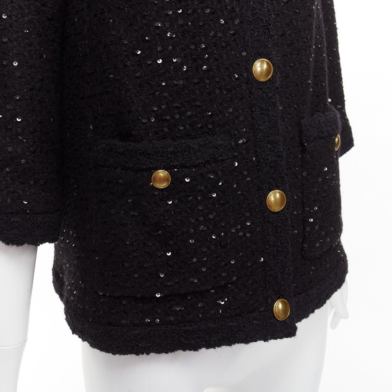 Saint Laurent Paris SAINT LAURENT 2021 black wool sequinned tweed gold button jacket FR34 XS Size XS / US 0-2 / IT 36-38 - 2 Thumbnail