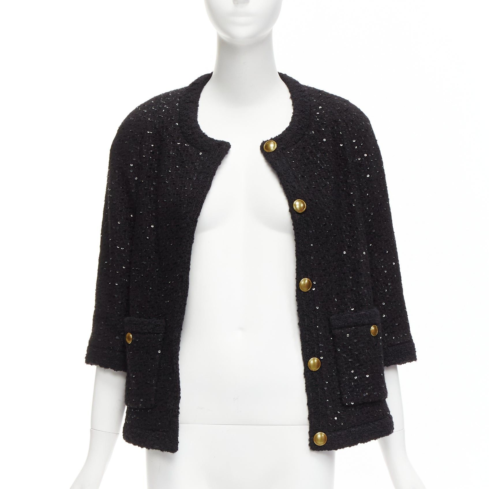 Saint Laurent Paris SAINT LAURENT 2021 black wool sequinned tweed gold button jacket FR34 XS Size XS / US 0-2 / IT 36-38 - 3 Thumbnail