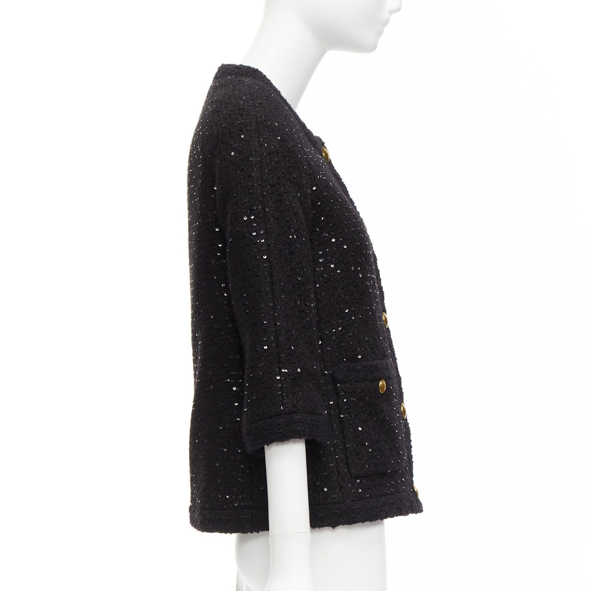 Saint Laurent Paris SAINT LAURENT 2021 black wool sequinned tweed gold button jacket FR34 XS Size XS / US 0-2 / IT 36-38 - 5 Thumbnail
