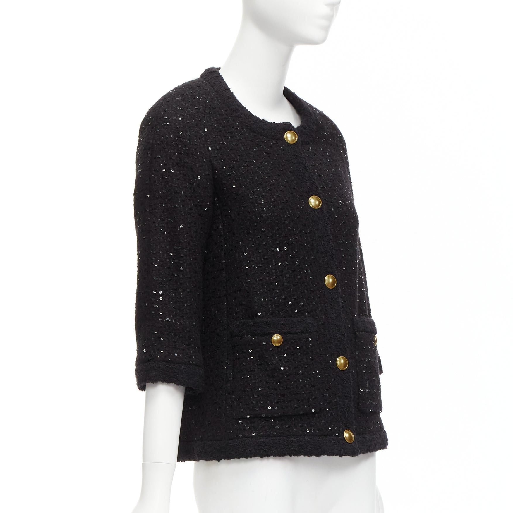 Saint Laurent Paris SAINT LAURENT 2021 black wool sequinned tweed gold button jacket FR34 XS Size XS / US 0-2 / IT 36-38 - 4 Thumbnail