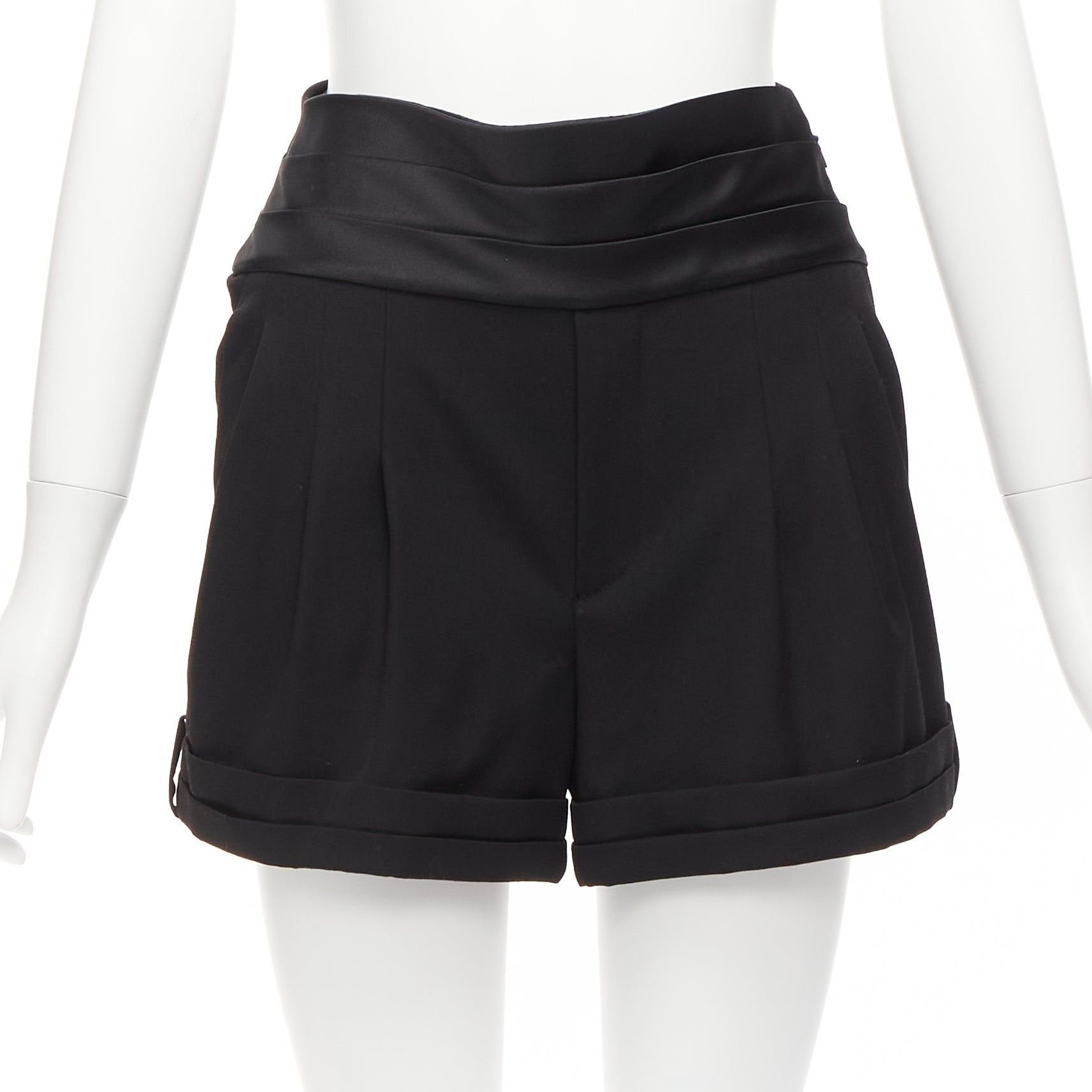 Saint Laurent Paris SAINT LAURENT 2019 black virgin wool cumberband high waist shorts FR36 S Size 27" / US 4 / IT 40 - 3 Thumbnail