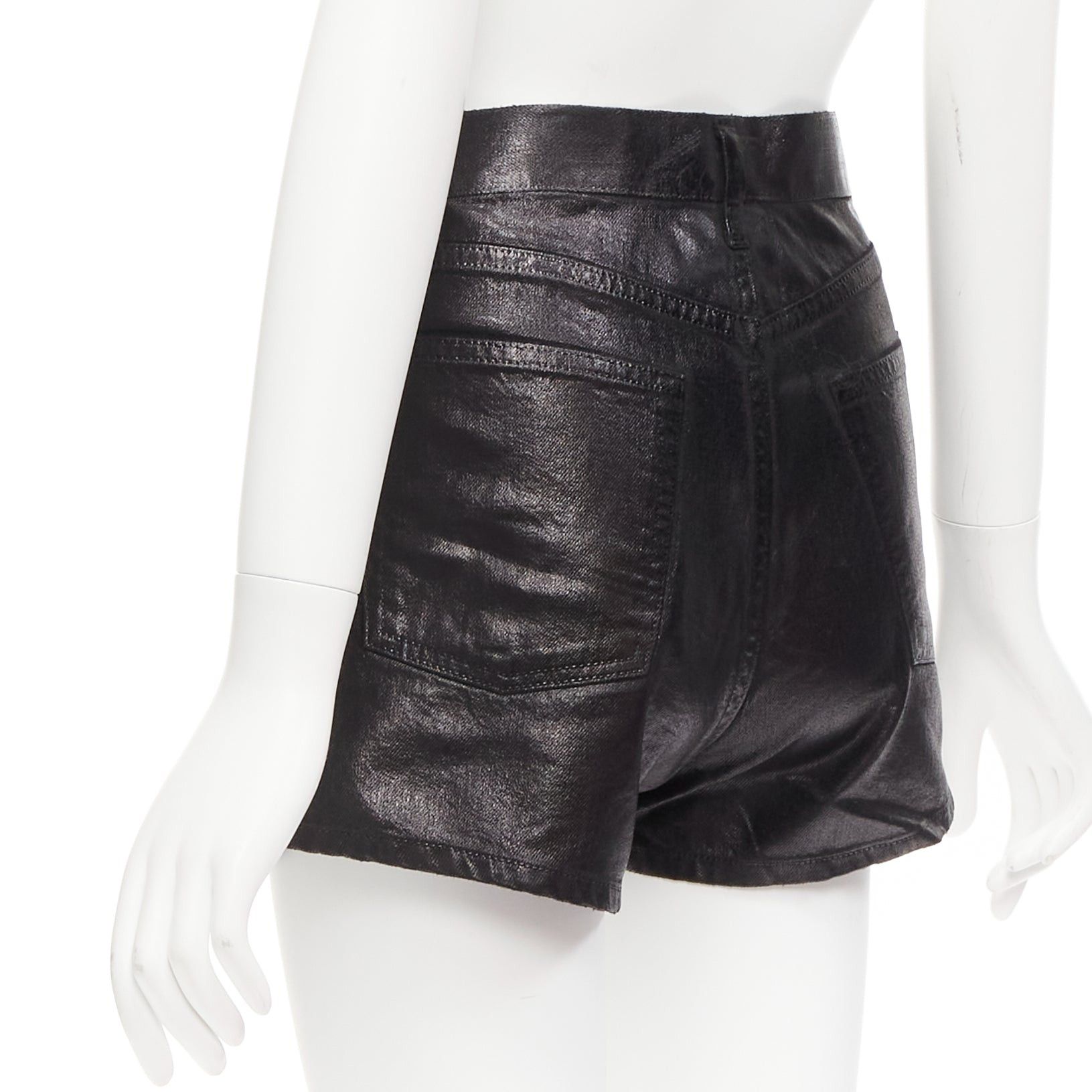 Saint Laurent Paris SAINT LAURENT 2020 black coated cotton high waisted wide leg shorts 26" Size 26" / US 2 / IT 38 - 6 Thumbnail