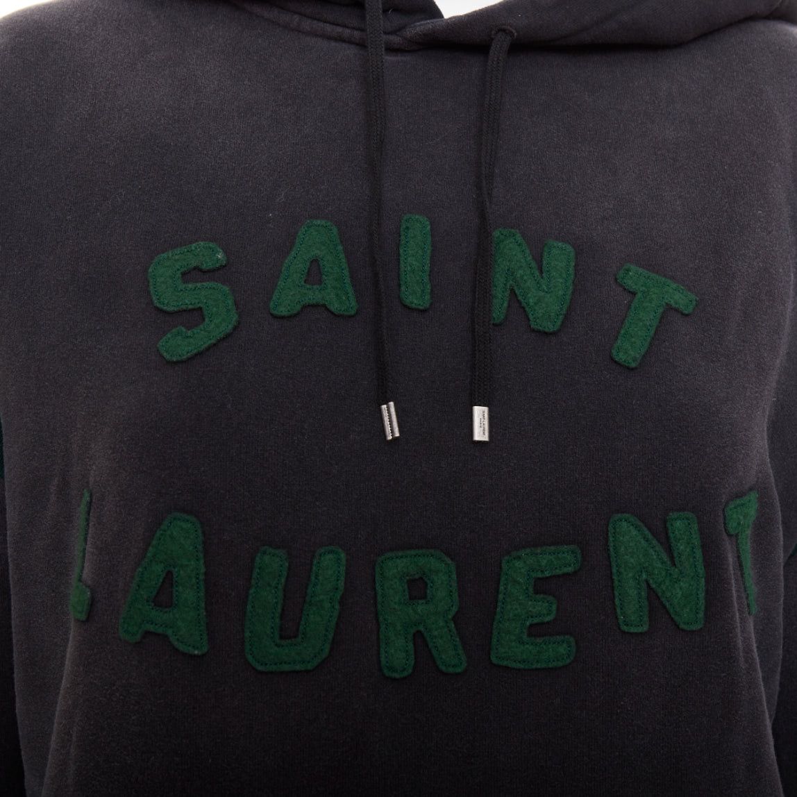 Saint Laurent Paris SAINT LAURENT 2022 grey washed cotton green alpaca logo patch varsity hoodie XS Size S / US 4 / IT 40 - 7 Thumbnail