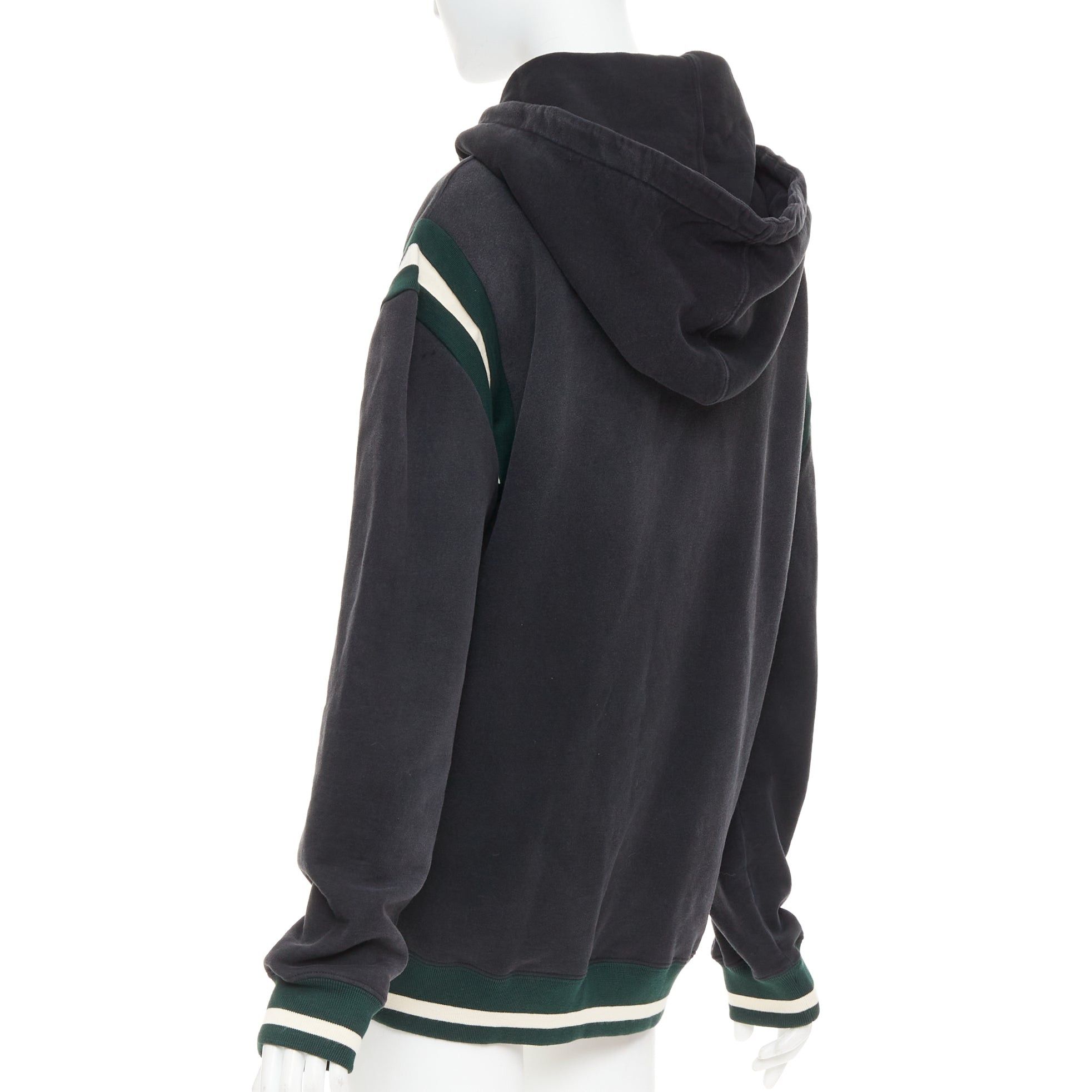 Saint Laurent Paris SAINT LAURENT 2022 grey washed cotton green alpaca logo patch varsity hoodie XS Size S / US 4 / IT 40 - 6 Thumbnail