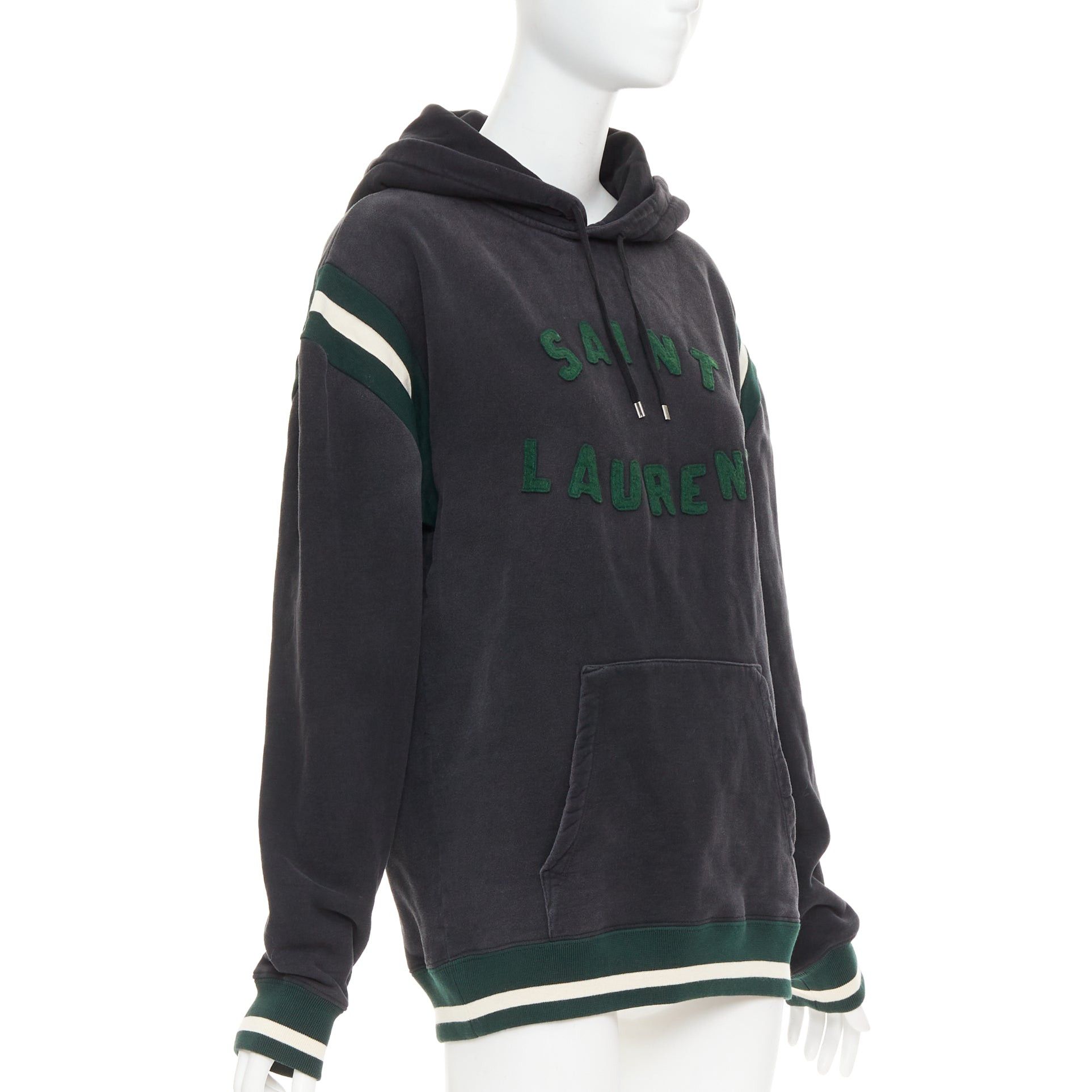 Saint Laurent Paris SAINT LAURENT 2022 grey washed cotton green alpaca logo patch varsity hoodie XS Size S / US 4 / IT 40 - 3 Thumbnail