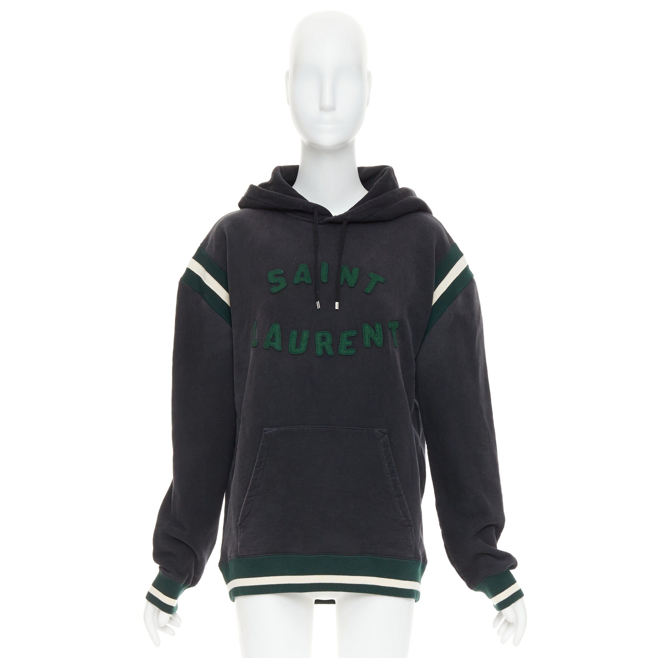 Saint Laurent Paris SAINT LAURENT 2022 grey washed cotton green alpaca logo patch varsity hoodie XS Size S / US 4 / IT 40 - 9 Thumbnail
