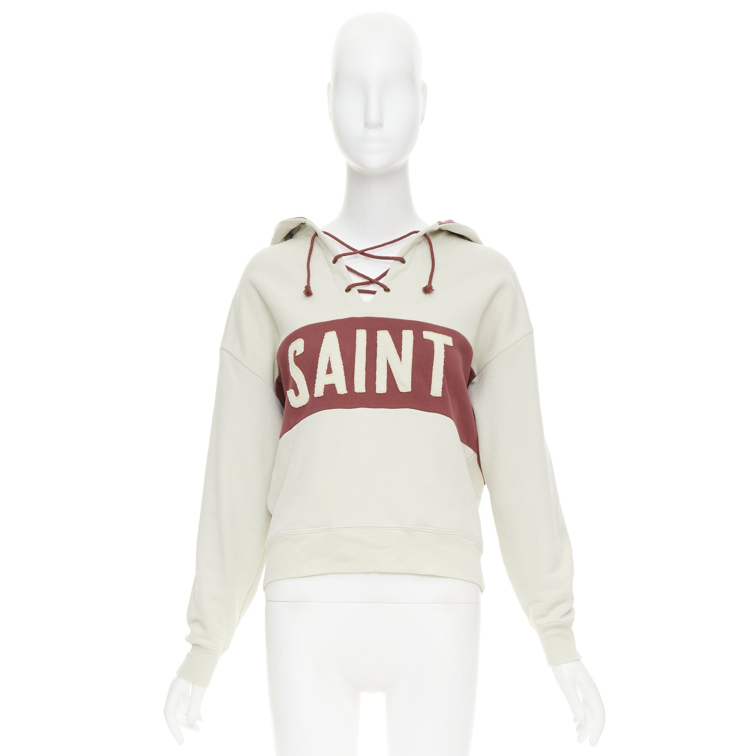 Saint Laurent Paris SAINT LAURENT 2022 taupe red logo applique drawstring crop hoodie XS Size S / US 4 / IT 40 - 9 Thumbnail