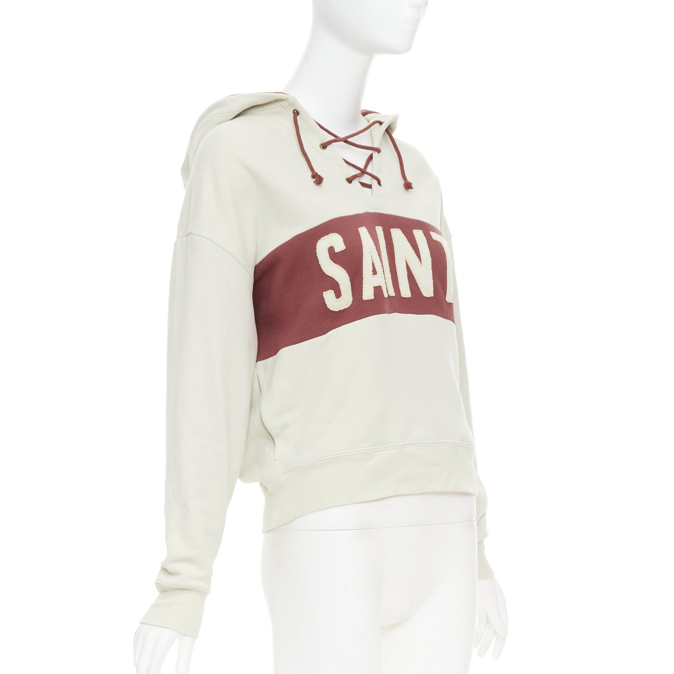 Saint Laurent Paris SAINT LAURENT 2022 taupe red logo applique drawstring crop hoodie XS Size S / US 4 / IT 40 - 3 Thumbnail