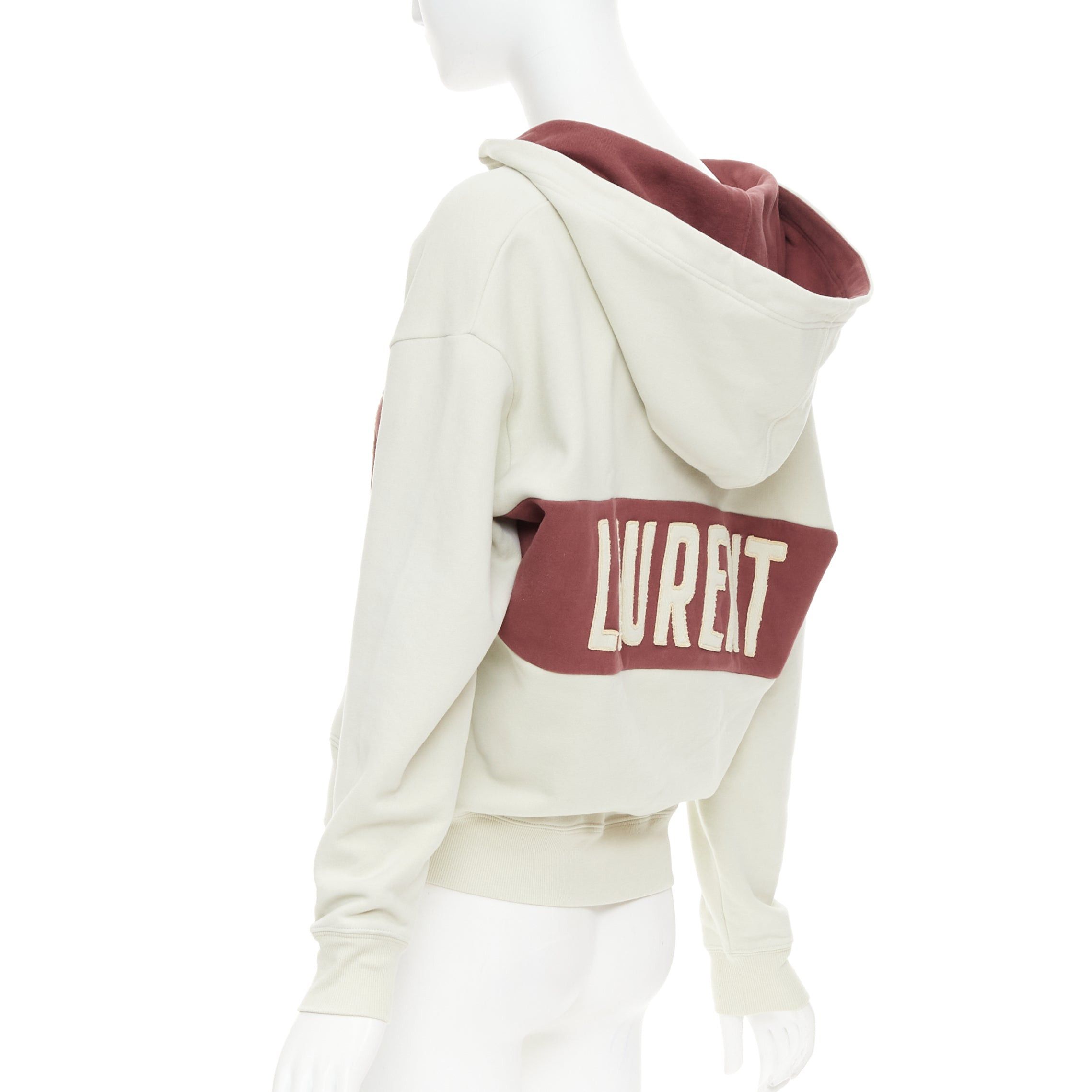 Saint Laurent Paris SAINT LAURENT 2022 taupe red logo applique drawstring crop hoodie XS Size S / US 4 / IT 40 - 5 Thumbnail