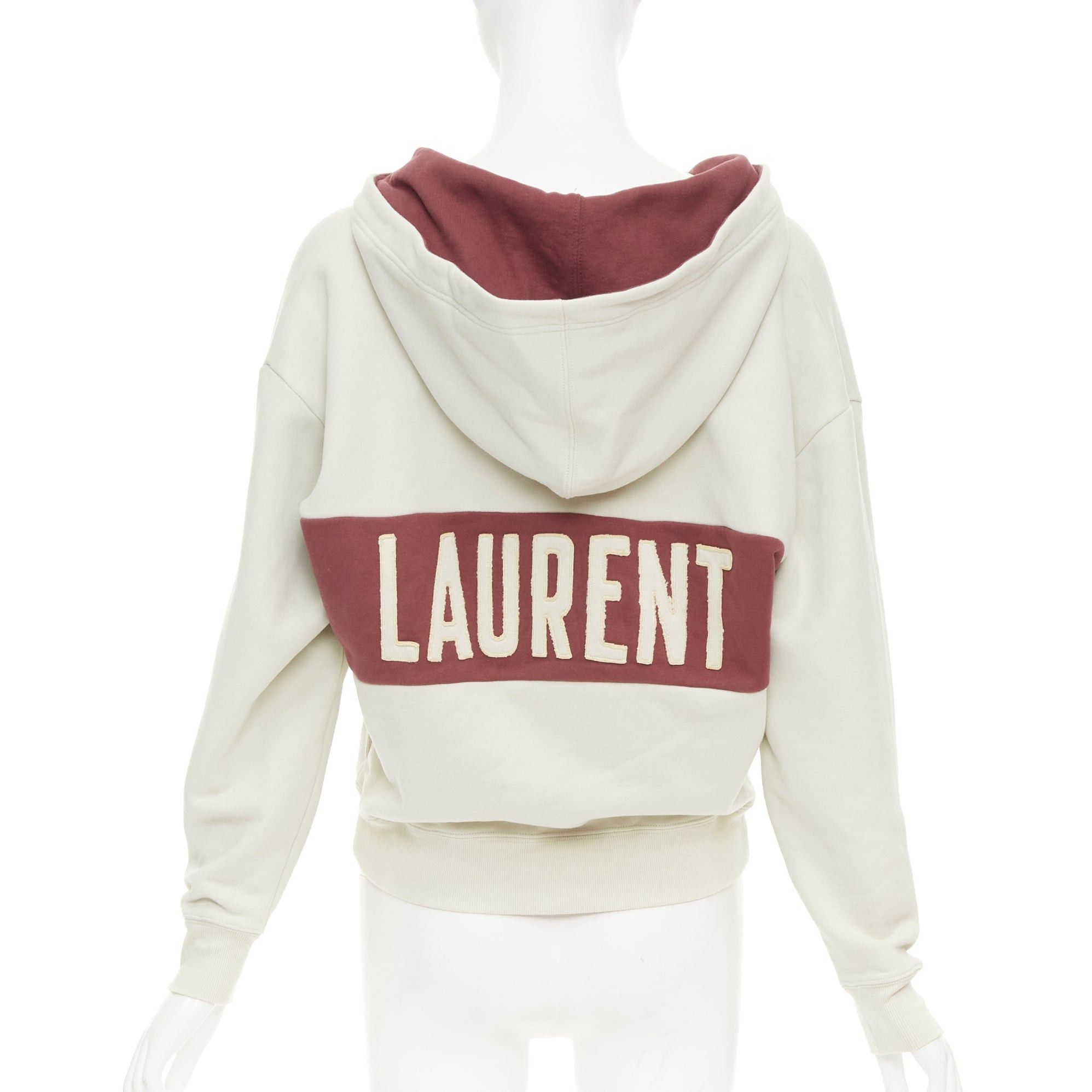 Saint Laurent Paris SAINT LAURENT 2022 taupe red logo applique drawstring crop hoodie XS Size S / US 4 / IT 40 - 2 Thumbnail